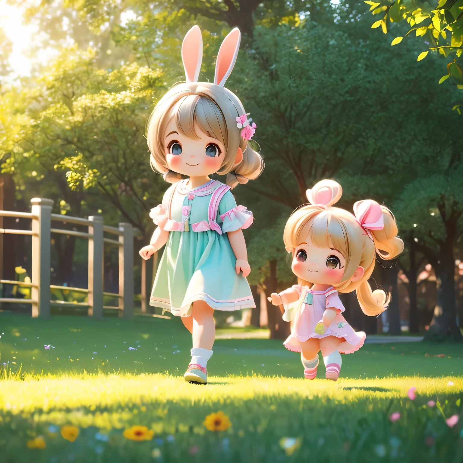 (photorealistic:1.37)、octane rendering、Morning park、Walk with a rabbit doll、Girl has twin tail hairstyle and smiles、Bright colors、soft sunlight、beautiful flower、green grass、playful atmosphere、peaceful environment、detailed texture、Bright colors、cute shoes with accessories、He looks happy