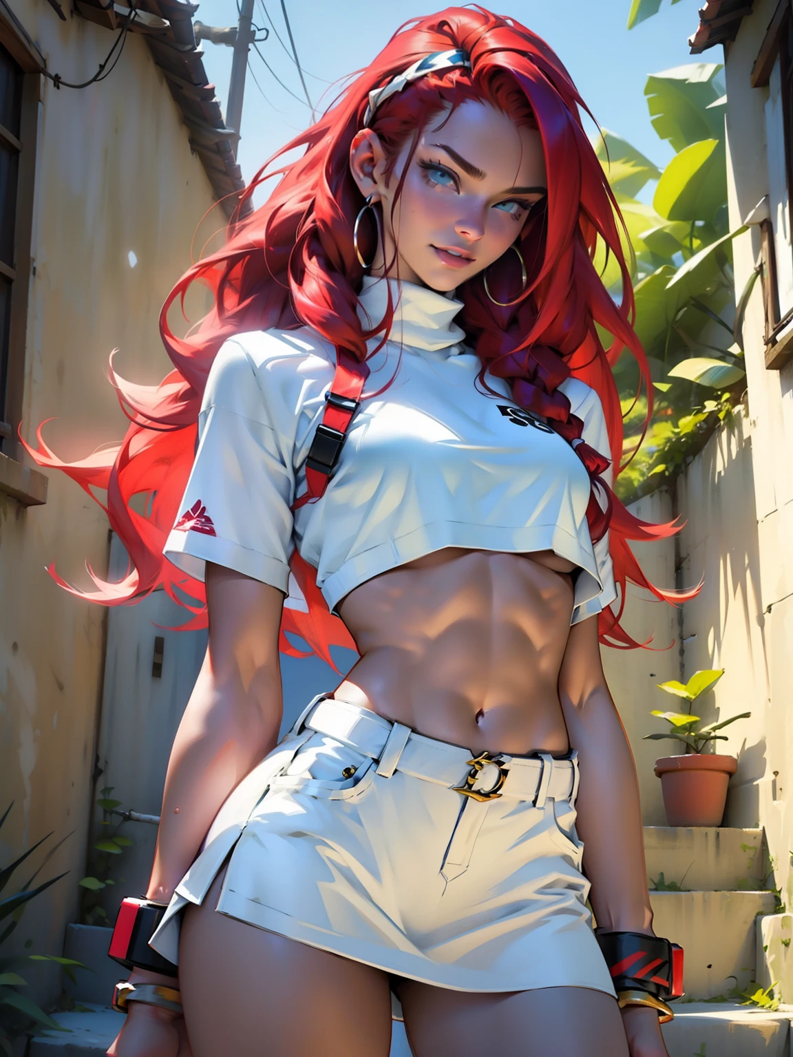 Photo, Best quality, high resolution 8k,most beautiful teenager,19 years old, white skin, ultra detailed, European, long hair, red hair, hair combed back, perfect body, exuberant exotic, erotic, slender arms, big breasts, narrow waist, slim thighs, thigh gap, very well detailed, tight mini skirt, white miniskirt, crop top, underboob, Jessie pokemon,