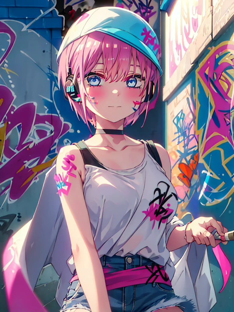 highest quality, masterpiece, High resolution, alone, {nakano_ichika_Goto Fuminohana Name:1.15}, pink hair, short hair, bangs, blue eyes, hairline, smile,Mouth closed, 1 girl, black tank top,denim shorts, choker, (graffiti:1.5), paint splatters, turn your arms behind your back, towards the wall, looking at the viewer, thigh strap, paint on the body, headset,(masterpiece:1.2), highest quality, High resolution, unity 8k wallpaper, (figure:0.8), (beautiful and fine eyes:1.6), highly detailed face, perfect lighting, Very detailed CG, (perfect hands, perfect anatomy), viewer looking for