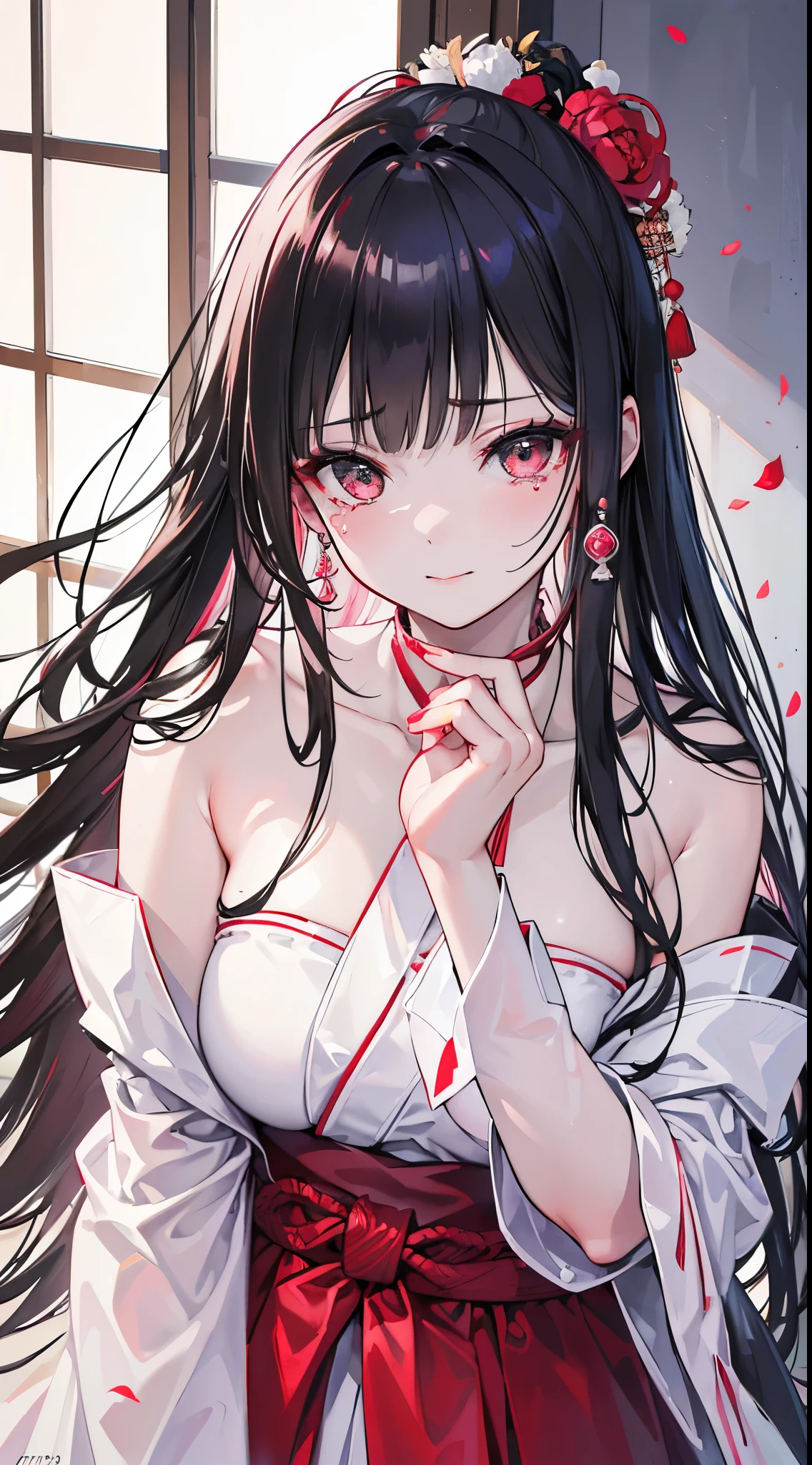 girl,Tears mole,pink nails,white skin,Ruby Earrings,peacefulness,Image of Japanese culture(naginata), with long black hair,teacher's girl,hairpin,Tips are highlighted in white, black eye,white giant eyes,With tears in my eyes, The well-dressed lady in the deep window, Conservative classical Japanese martial arts gi,A refreshing smile,tilt your head and laugh,beautiful skin on the neck, Scattered debris. Red silk that is gentle on the body,black and white hakama,ring pattern,Rin々new expression,petals fall,Creates mottled shadows, Her hair flutters in the breeze, A refreshing expression on her face(highest quality,4K,8K,High resolution,masterpiece:1.2), super detailed, (realistic,realistic,realistic:1.37), HDR, hyper hd, studio lighting, Ultra-fine painting, sharp focus, Physically based rendering, extreme details, temple background,