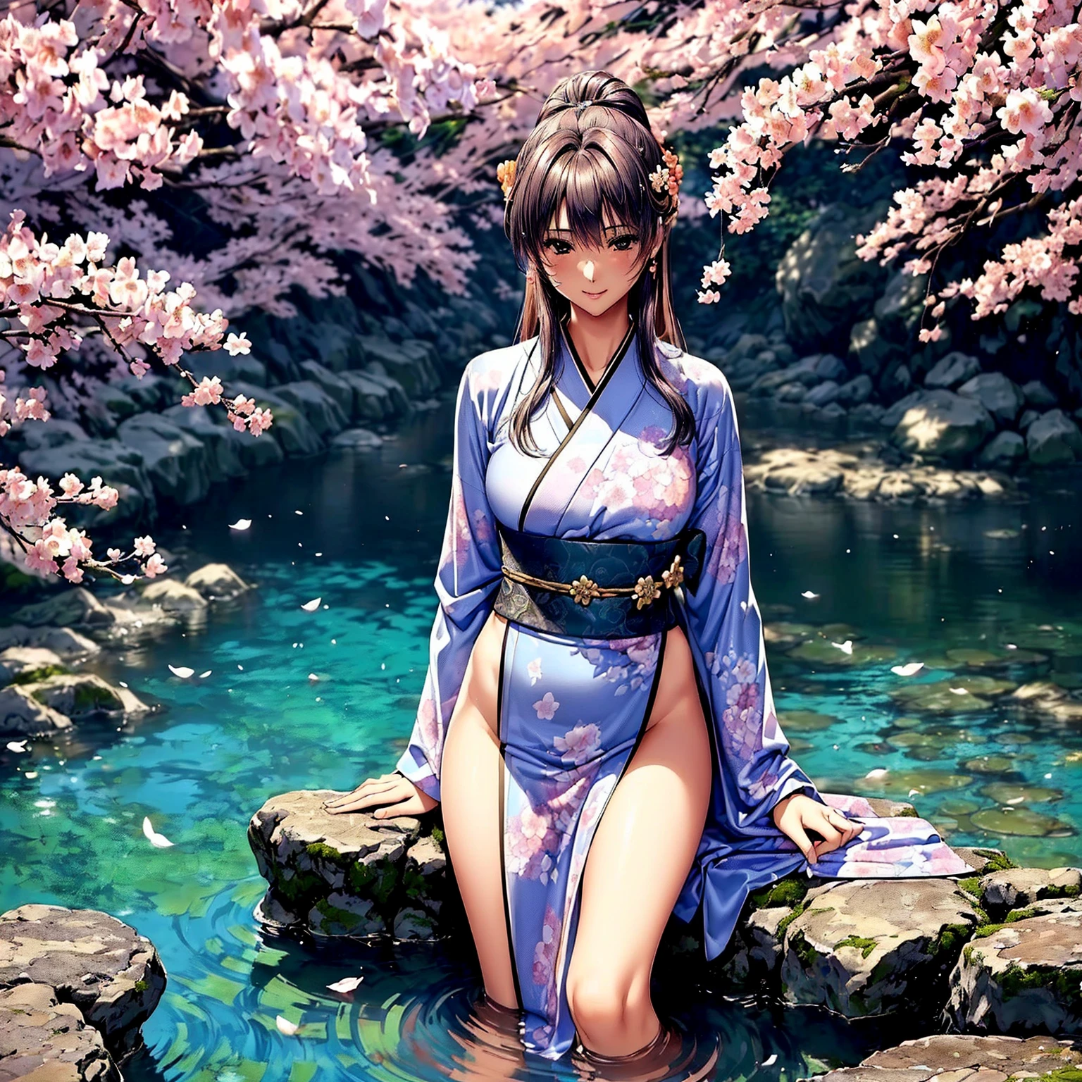 (((highest quality、masterpiece、very high resolution、highly detailed images、detailed details)))、(A woman of perfect and ultimate beauty:18-year-old, beautiful body、beautiful face、beautiful hair,bright smile)、(Slender and beautiful body, best skin and hair texture)、((Beautiful Japan kimono:Colorful with floral patterns,shoulders are exposed,I can see my thighs)),(Fantastic waterside,There is a waterfall,Night cherry blossoms and lanterns,mysterious night sky,natural light,beautiful scenery,beautiful scenery),(water play,beautiful pose,model shoot,Hair flutters under the influence of the wind),bijinga,realistic portrait,Overall image、accurate image、accurate anatomy、Image without defects,(best shot,RAW photo:1.2)