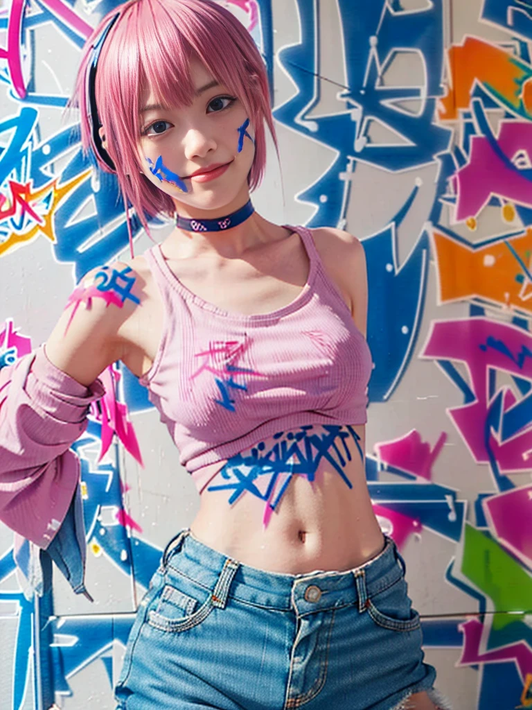 highest quality, masterpiece, High resolution, alone, {nakano_ichika_Goto Fuminohana Name:1.15}, pink hair, short hair, bangs, blue eyes, hairline, smile,Mouth closed, 1 girl, black tank top,denim shorts, choker, (graffiti:1.5), paint splatters, turn your arms behind your back, towards the wall, looking at the viewer, thigh strap, paint on the body, headset,(masterpiece:1.2), highest quality, High resolution, unity 8k wallpaper, (figure:0.8), (beautiful and fine eyes:1.6), highly detailed face, perfect lighting, Very detailed CG, (perfect hands, perfect anatomy), viewer looking for