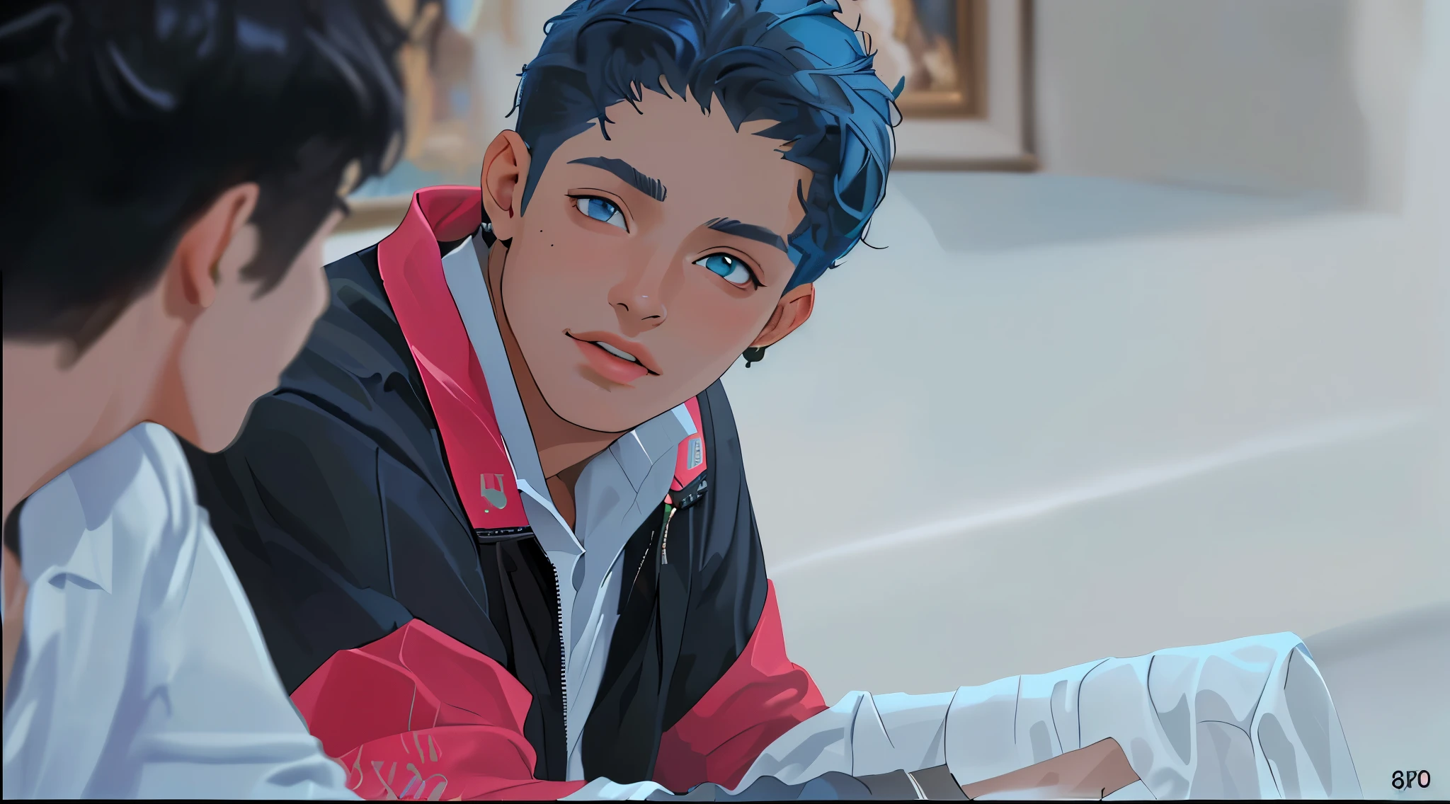 (best quality,4k,8k,highres,masterpiece:1.2),ultra-detailed,realistic:1.37,a 16-year-old handsome boy talking to his friend in school,blue-colored attire,ancient Egyptian sculptures in the background,portraits,fine art painting,vibrant colors,warm lighting