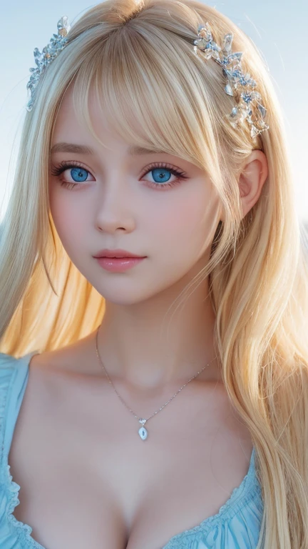 A 14-year-old beautiful girl with shiny bright blonde hair.、cute,crazy about love, face focus , Ruffled Summer Dresses, Nordic bright blonde girl, Super long bright shiny blonde hair、low contrast, (shy smile:0.8),  There is a cleavage in the chest,  hair scrunchie,  best quality, ultra high resolution, realistic photo, Super detailed, 8K, Raw photo, master piece、Very beautiful, bright, pale sky blue, and very large eyes.、very big eyes、White shiny skin、cheek gloss highlight、small face beautiful girl、eyeliner、blonde hair above the eyes、片blonde hair above the eyes、bangs between the eyes、