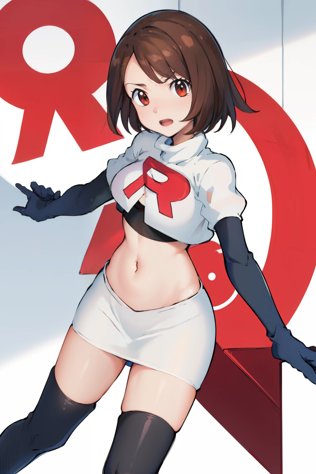 gloria \(pokemon\), cowboy shot, team rocket,team rocket uniform, red letter R, white skirt,white crop top,black thigh-highs,black elbow gloves