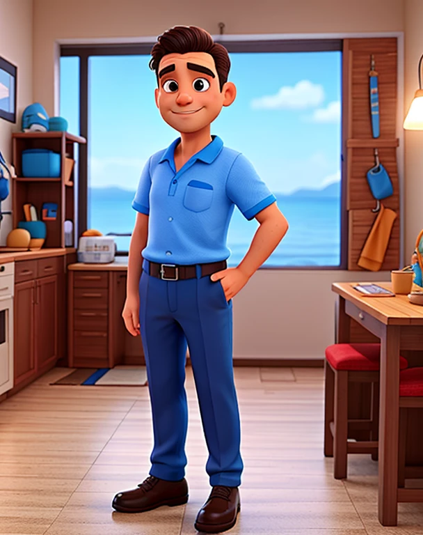 Homem de 45 anos, cabelo castanho, olhos azuis, , Dress pants, blusa social azul, sapato social,gerente