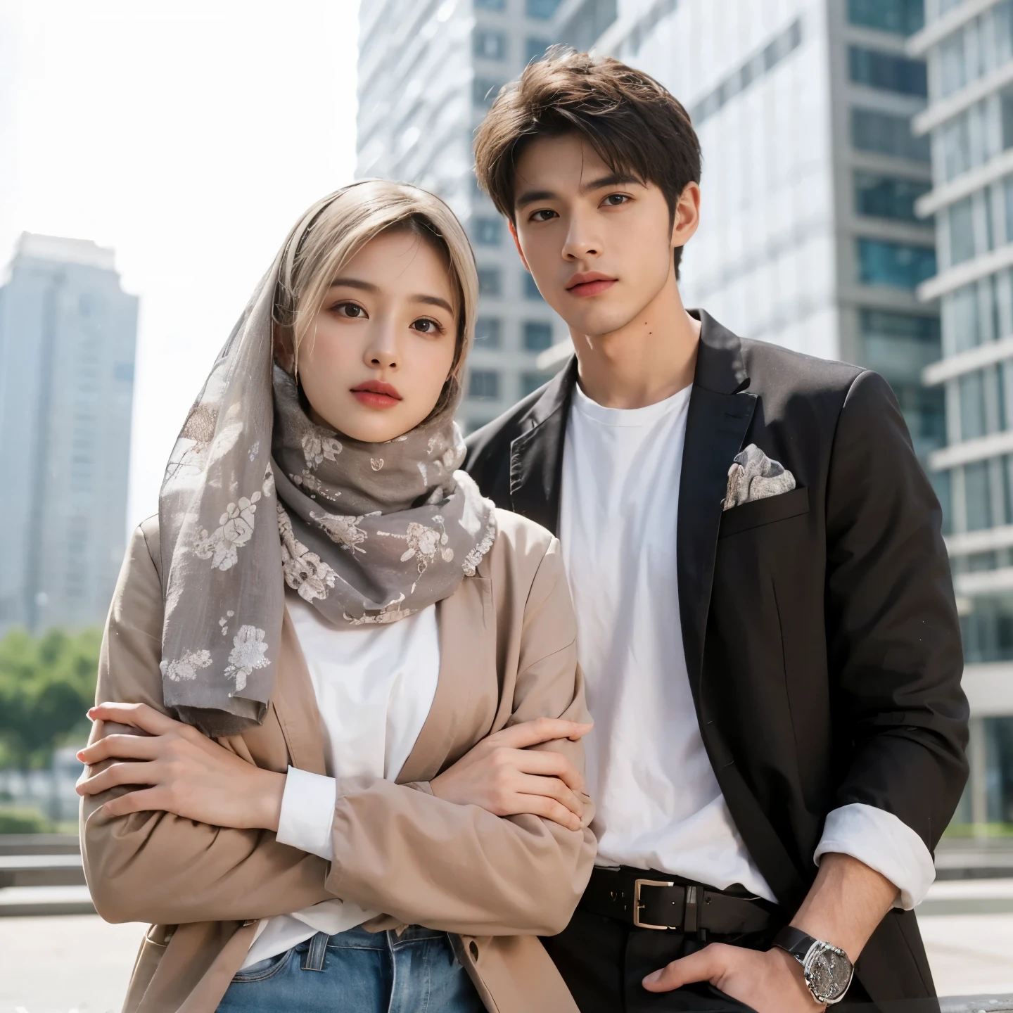 A man and girl，primitive, Masterpiece, ultra fine photos, Best quality, Ultra-high resolution, Realistic, Sunny, full-body portraits, Amazing man, Dynamic posture, exquisite face, Vibrant eyes,  Very detailed background, Detailed face, detailed tidy background, Gorgeous, High detail skin, Realistic skin details, Visible pores, Clear focus, volume fog, 8K  UHD, Digital SLR, High quality, filmgrain, Fair skin, Realism，（（（Handsome man and beautiful girl：1.4）））