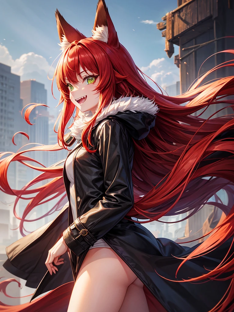 1girl, solo, from side, long red hair, green eyes with vertical pupil, fox ears, long black coat, fur hood, red fox tail, white tip, vertical scar on right eye, sharp teeth, wide smile, clenched teeth