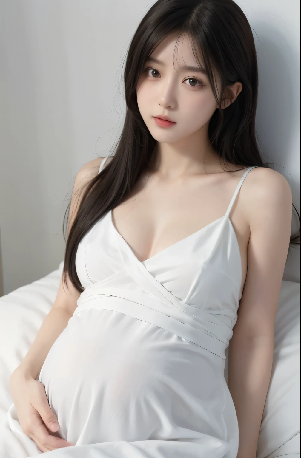 Anime girl in white clothes, pregnant, Realistic shadows, delicate skin, breasts are small, black hair, Very detailed, 8K high-detail face, perfect face shape, perfect lips, Perfect nose, Correct beautiful eyes, watch audience, masterpiece, best quality, single girl, Not wearing, No, alone