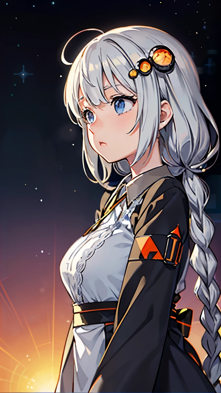 Vivid colors, ultra-realistic shading, ultra-detailed, spectacular view, beautiful transparency, ultra-high quality, extended, ((layer added 2.7)), vivid, ultra-bright colors 1.5, (high-definition CG unity 8k wallpaper: 1.3 ), beautiful ultra-sensitive art concept illustration, center color: 1.2 , (logic frenzy), [ultra-detailed skin], glossy light, lens flare 1.7, (backlight 0.9), Extremely close-up, slight bokeh , 1 girl, 1, k((((Akari Kizuna), (VOCALOID 1.2), (silver hair 1.2), (very long hair), (big braids 1.8), (round hair ornament), (blue eyes ), (eyeline 1.2)))), wearing a hat (cap), big black jacket, beautiful big eyes, sparkling eyes, look far away
