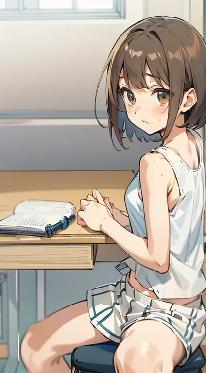  Troubled expression Raise hand Maki Horikita Beautiful girl Junior high school student White tank top Navel exposed Beautiful legs Track and field appearance Club activities Japanese classroom Small breasts Slender short stature Short hair Brown hair Whole body visible Sitting on desk Composition seen from below 