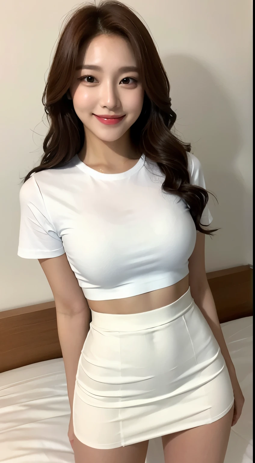 White tight shirt、White tight mini skirt、bed、smile、short sleeve、high resolution、Hallyu Idol Face