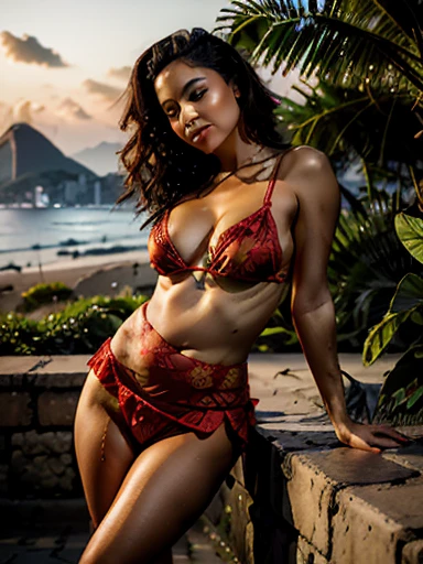 Portrait of expecting and alluring, in the vibrant city of Rio de Janeiro. Her warm eyes and curly hair exude confidence and joy. and sensual, she is striking in her tropical ensemble: a mini skirt, fishnet stockings, and high-heeled boots. A Croach tattoo adds an element of mystery to her allure, contrasting her innocent appearance. A red flower rests on her right shoulder, matching her tan skin under the warm sunset lighting. The intricate details of her attire, body art, and facial expression highlight her sensuality and boldness. This realistic photography is in high definition, 8K resolution, providing clarity and details that make the image visually captivating. The authentic tropical ambiance and her captivating presence make this a stunning representation of .