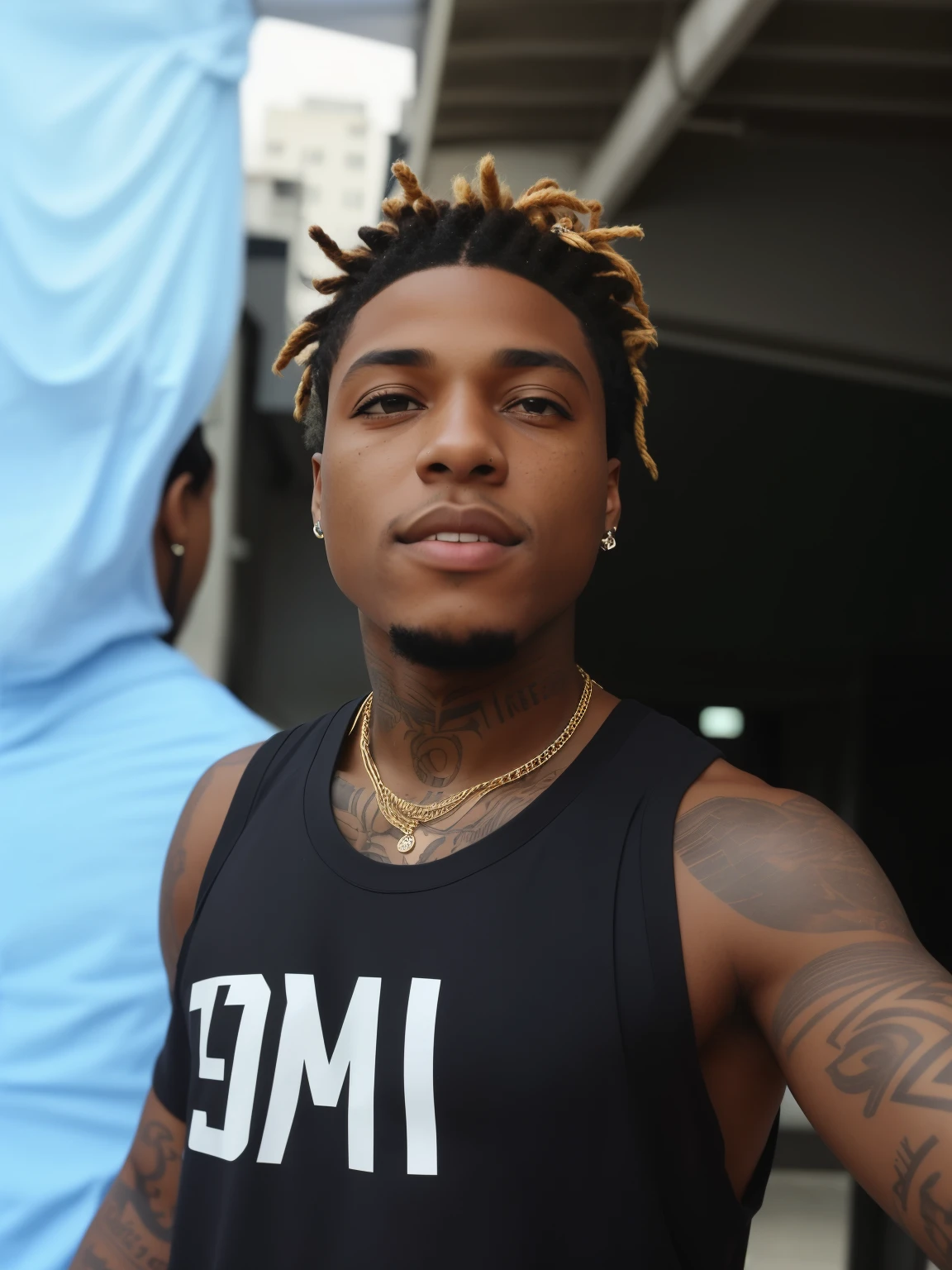 There's a man with dreadlocks standing in front of a building, imagem frontal, em torno de 1 9 anos, imagem de qualidade muito baixa, Fotografia Selfie 8k, Selfie de um homem, xxxtentacion, man is with black skin, foto Selfie, Selfie!!!!! de um homem, adolescente negro, taken with the best dlsr camera, fotografia de baixa qualidade