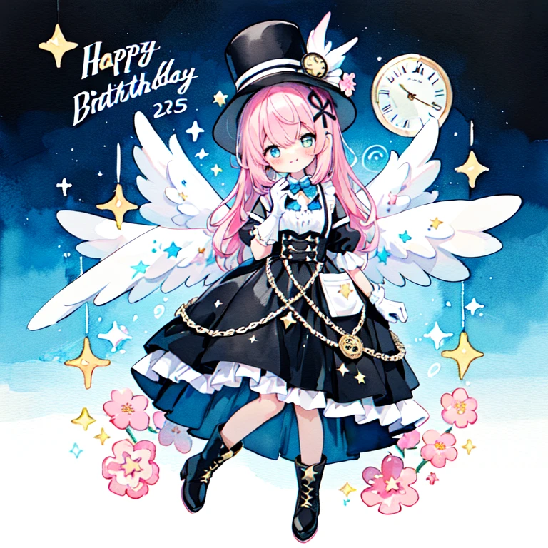 (PastelColors:1.3)、(Cute illustration:1.3)、(watercolor paiting:1.1)、girl holding a sign with a large "325 Happy Birthday!" written on it.white backgrounid、jumpping、levitation、A smile、Aster Harmony Garden Sprite,Pink longhair、Golden eyes、magician、sorcerer、black and light blue ruffle dress、Blue bow tie、White Long Gloves、Black and white checkered top hat with pocket watch decoration、Star Wand、Black boots、Big white wings on my back、
Moist makeup with pastel eyeshadow,
Add glitter and petal accents to the cheeks,