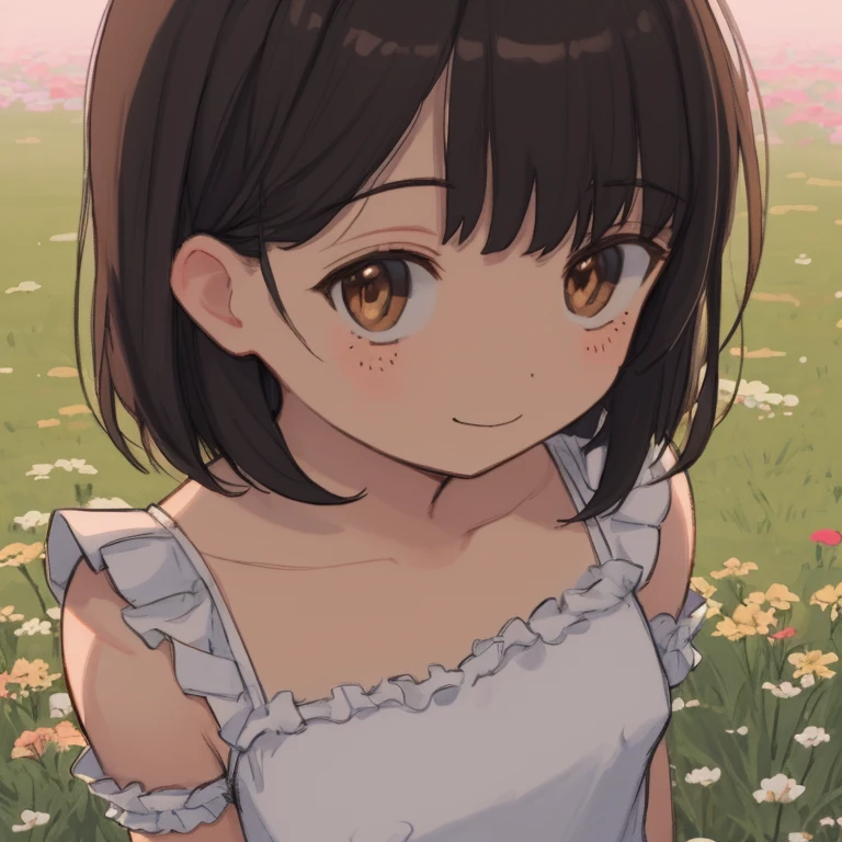 best quality, 1girl, profile picture, (light blush:0.5), (blush:0.2), short hair, shoulder length hair, black hair, [brown hair], bangs, smile, (brown eyes), freckles, (small breasts:1.4), medium breasts, (:0.5), (plump:0.1), (:0.9), (innocent:1.2), (loving expression:0.9), , sketch, (wearing white camisole), (frills:1.2), dress, no bra, (nipple outline:0.9), (covered nipples:1.35), [curly hair], sunlight, sun beams, grass, surrounded by flowers, (evening setting), (close-up:1.5), (from above:1.24), (looking at viewer:1.2), (facing viewer:1.2), face focus, head fully in frame, full head in frame
