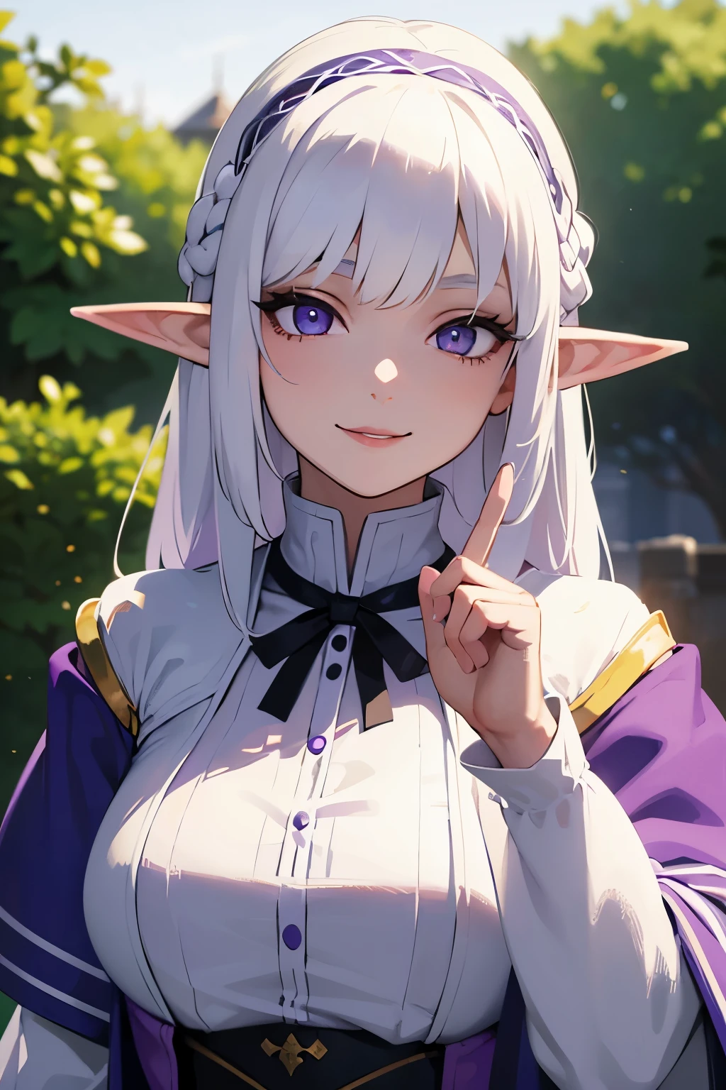 young elf girl, white hair, purple eyes, wearing a white and purple royal robe, outside of a mansion, day, realistic lighting, masterpiece, high detail, detailed eyes, detailed face, smiling gently, medieval anime art