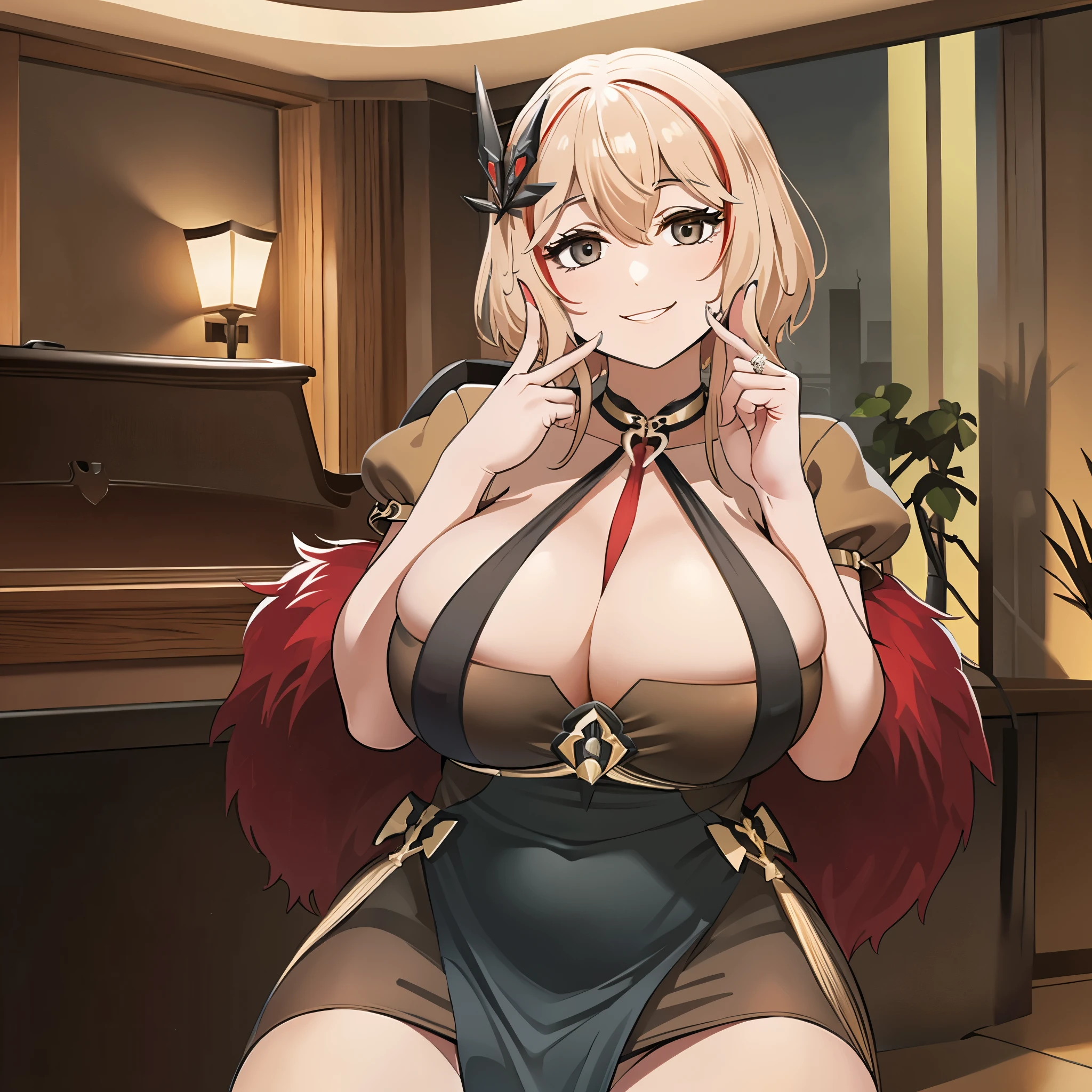 a woman,brown eye, smiles, in german house, big breasts
