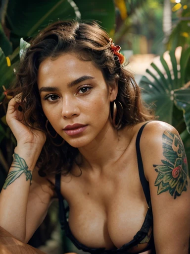 Portrait of Viviane, expecting, alluring, attractive, Rio de Janeiro, warm eyes, curly hair, confidence, joy, and sensual, striking tropical ensemble, mini skirt, fishnet stockings, high-heeled boots, Croach tattoo, mystery, allure, innocent appearance, vibrant colors, red flower, right shoulder, tan skin, warm sunset lighting, intricate details, attire, body art, facial expression, sensuality, boldness, realism, high definition, 8K resolution, clarity, details, visually captivating, authentic, tropical ambiance, captivating presence, realistic photography, HD, 8K.