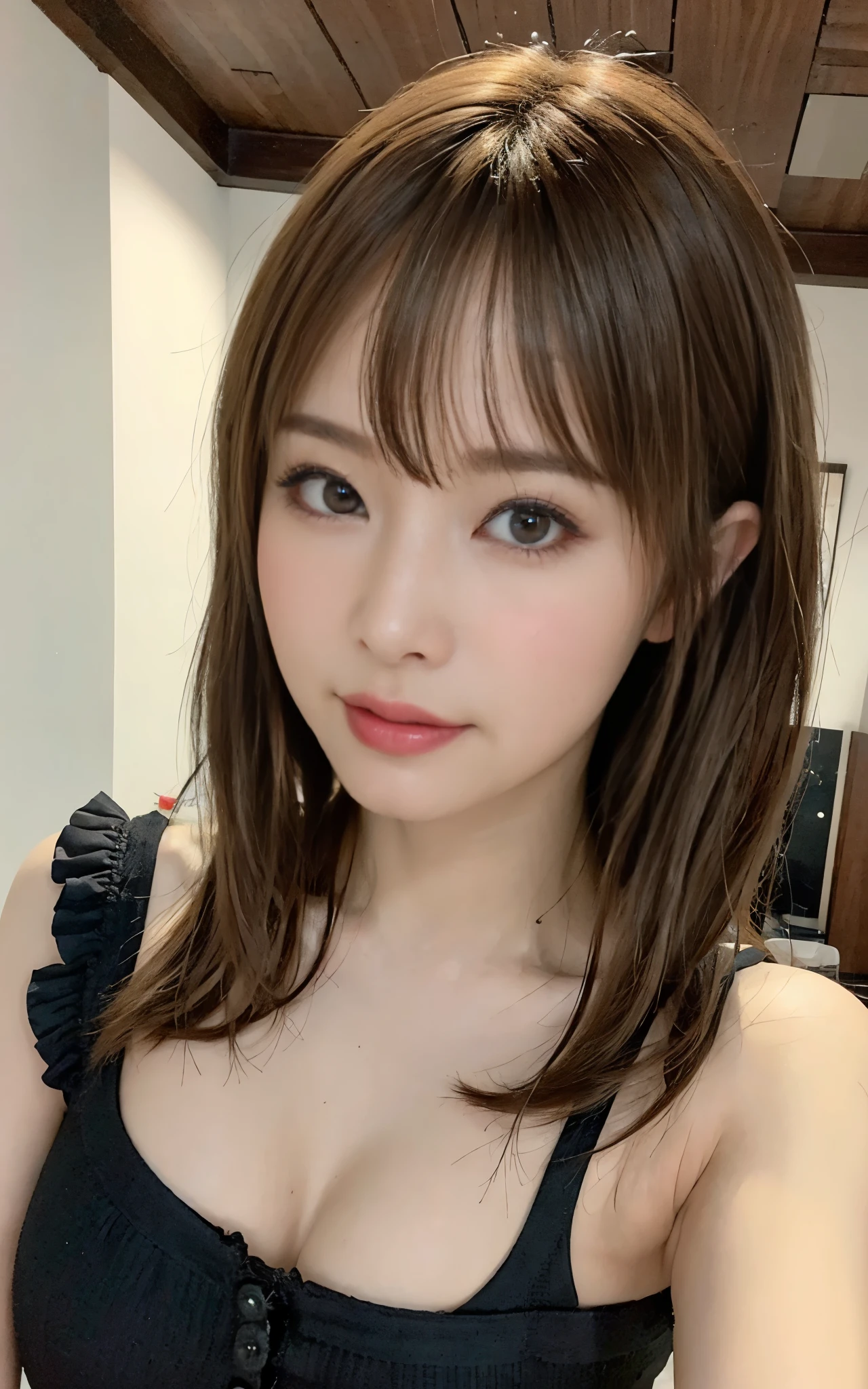 masterpiece,best quality, (one attractive milf), ((portrait:1.5)), makeup, elegant black shirt, touch own chest, ((seduction expression)),