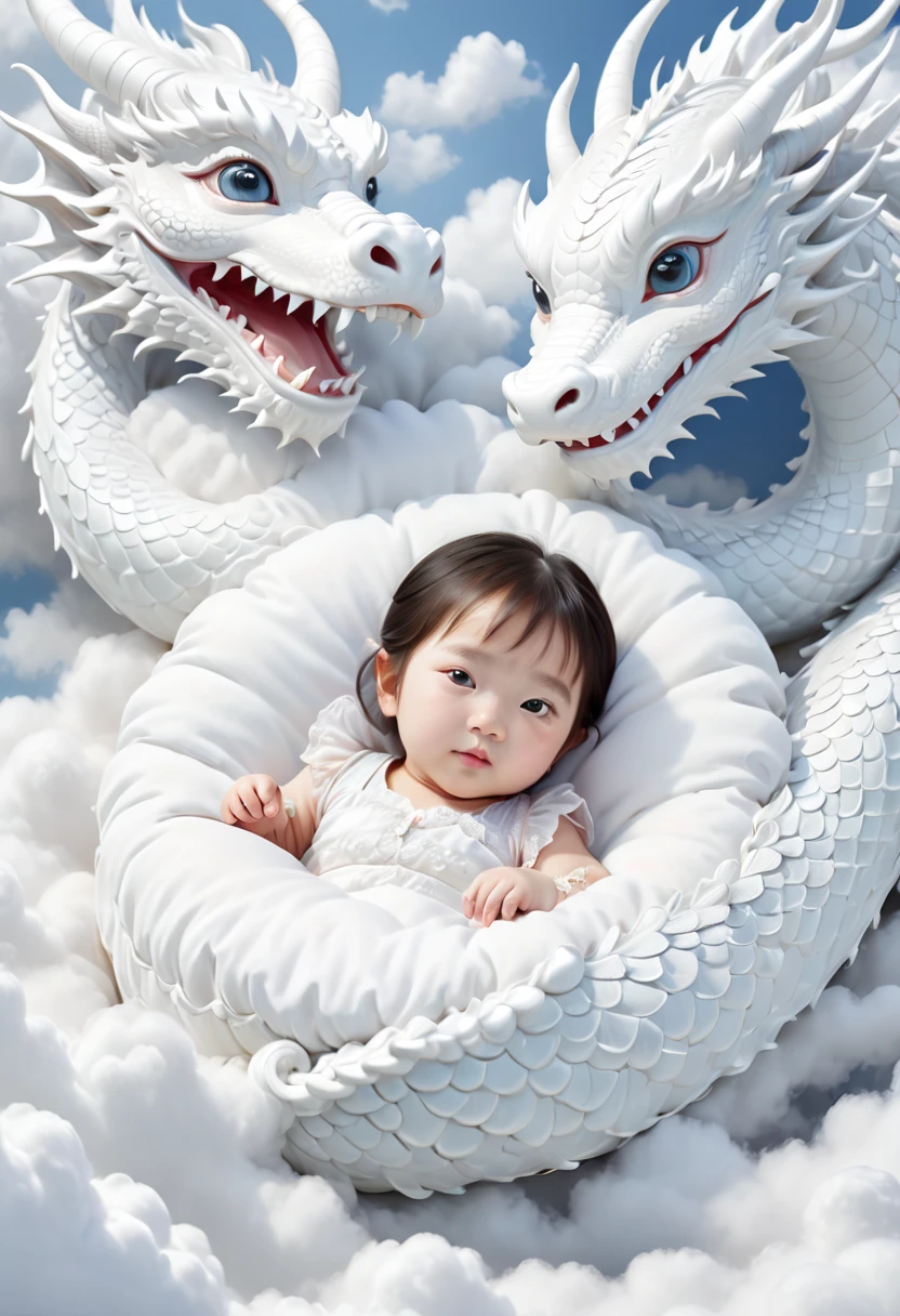 A -yead Chie baby girl,ly, face round,Slept on a white dragon bed, a photorealistic painting by Ju Lian, shutterstock contest winner, Fantasy art, a dragon made of clouds, Chinese fantasy, lie on white clouds fairyland，Camera shot, Film style, Intricate and refined details, high qulity，japanaese girl