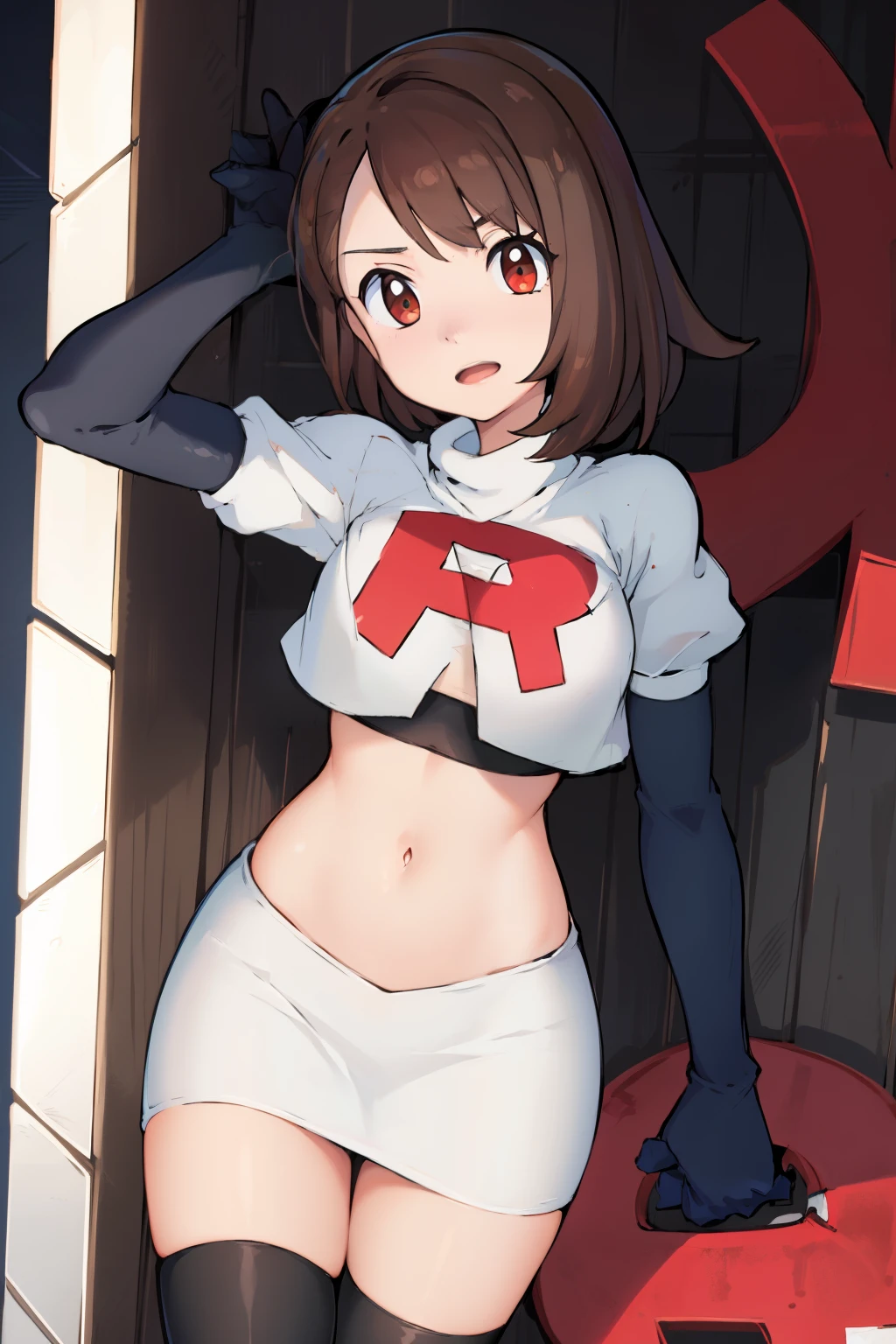 gloria \(pokemon\), cowboy shot, team rocket,team rocket uniform, red letter R, white skirt,white crop top,black thigh-highs,black elbow gloves