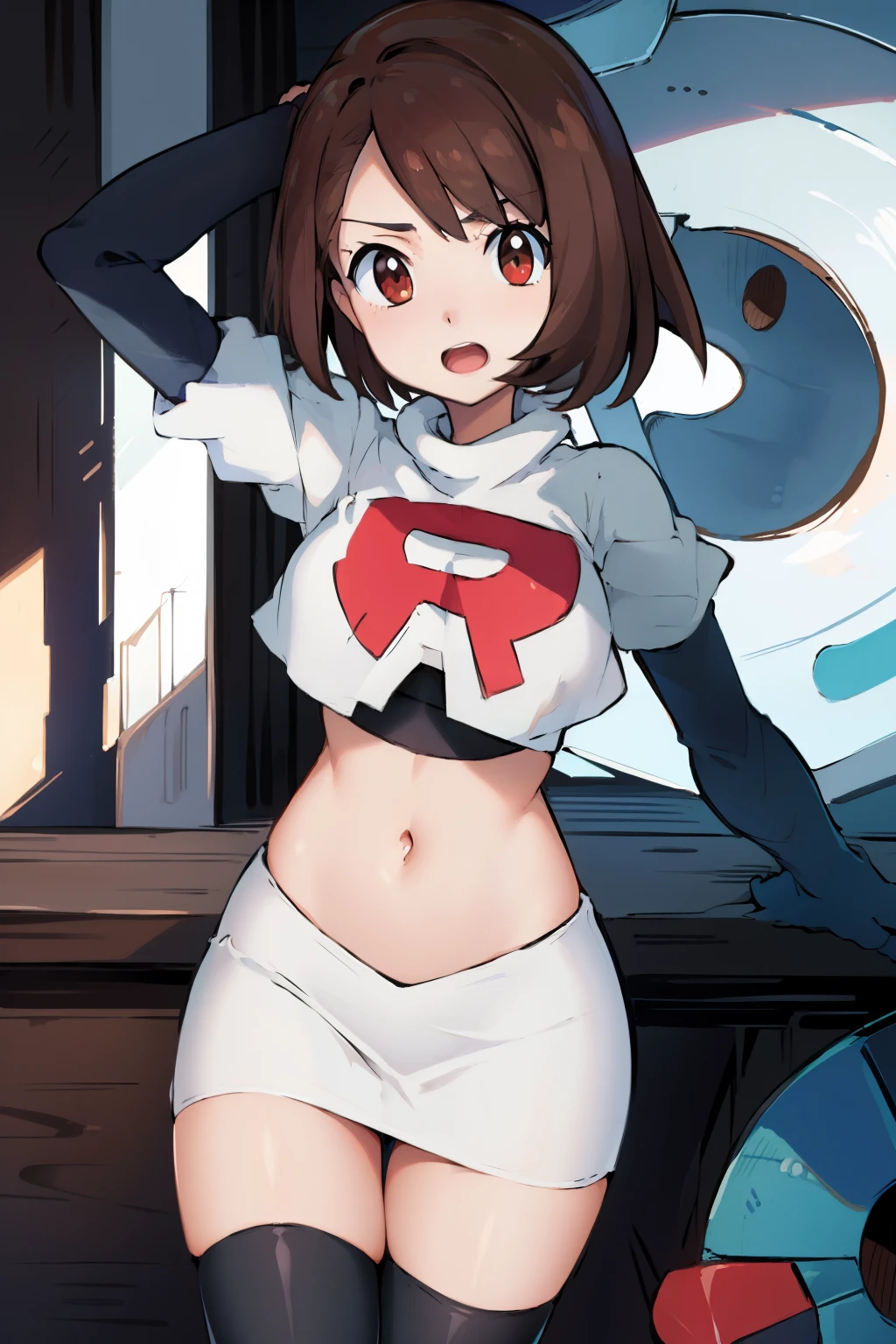 gloria \(pokemon\), cowboy shot, team rocket,team rocket uniform, red letter R, white skirt,white crop top,black thigh-highs,black elbow gloves