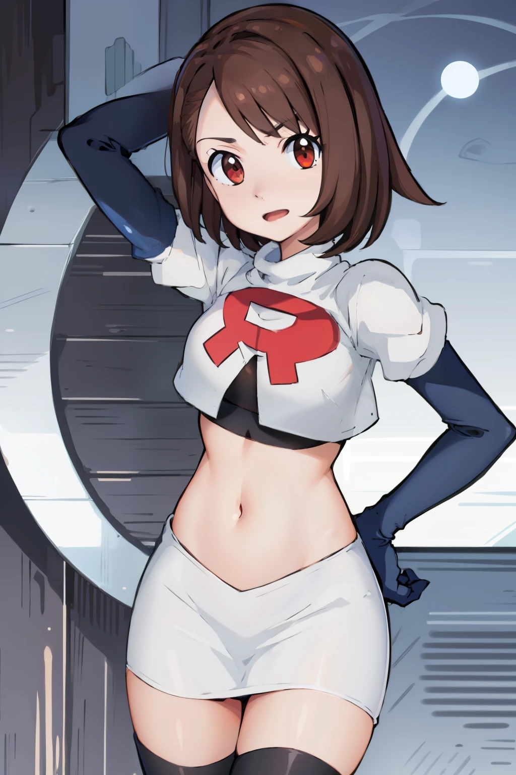 gloria \(pokemon\), cowboy shot, team rocket,team rocket uniform, red letter R, white skirt,white crop top,black thigh-highs,black elbow gloves