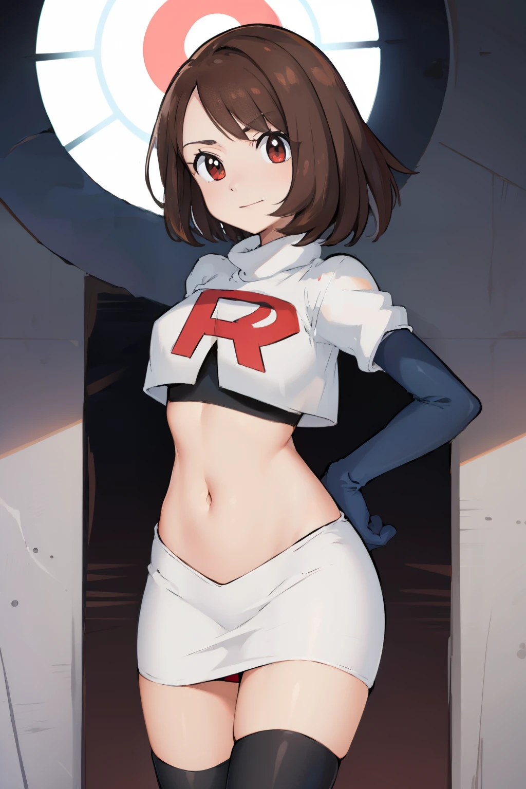 gloria \(pokemon\), cowboy shot, team rocket,team rocket uniform, red letter R, white skirt,white crop top,black thigh-highs,black elbow gloves