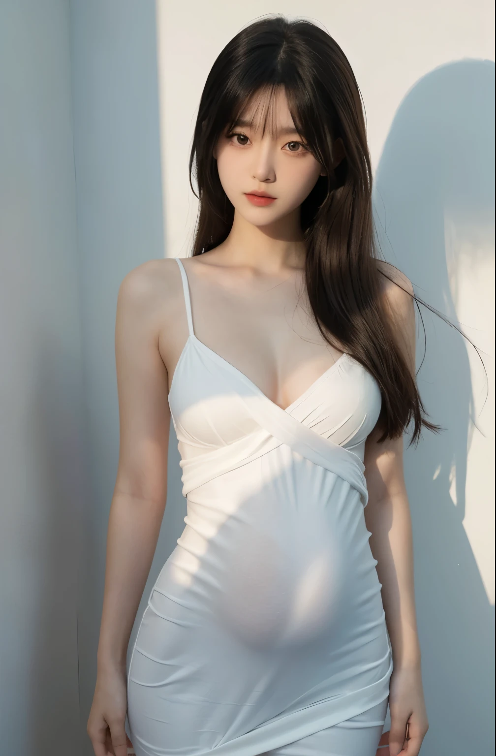 Anime girl in white clothes, pregnant, Realistic shadows, delicate skin, breasts are small, black hair, Very detailed, 8K high-detail face, perfect face shape, perfect lips, Perfect nose, Correct beautiful eyes, watch audience, masterpiece, best quality, single girl, Not wearing, No, alone