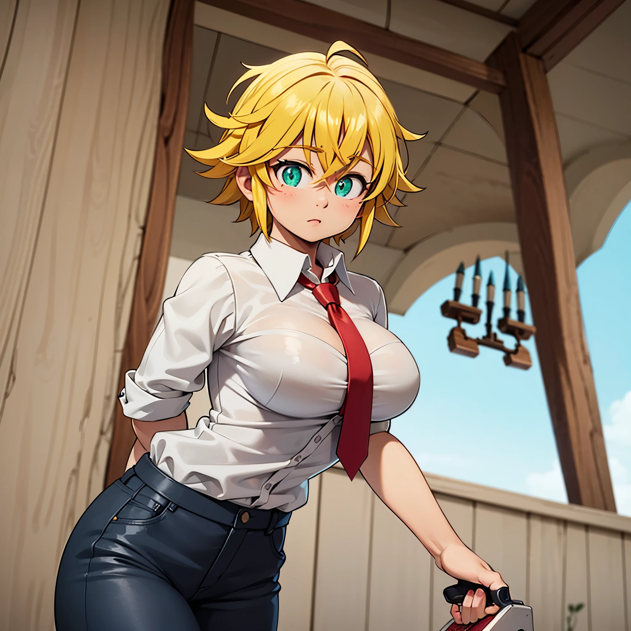 ((meliodas_nanatsu_no_taizai, Female version with medium breasts extreme ultra 4k quality)), wearing a waiter&#39;s outfit and a red tie 