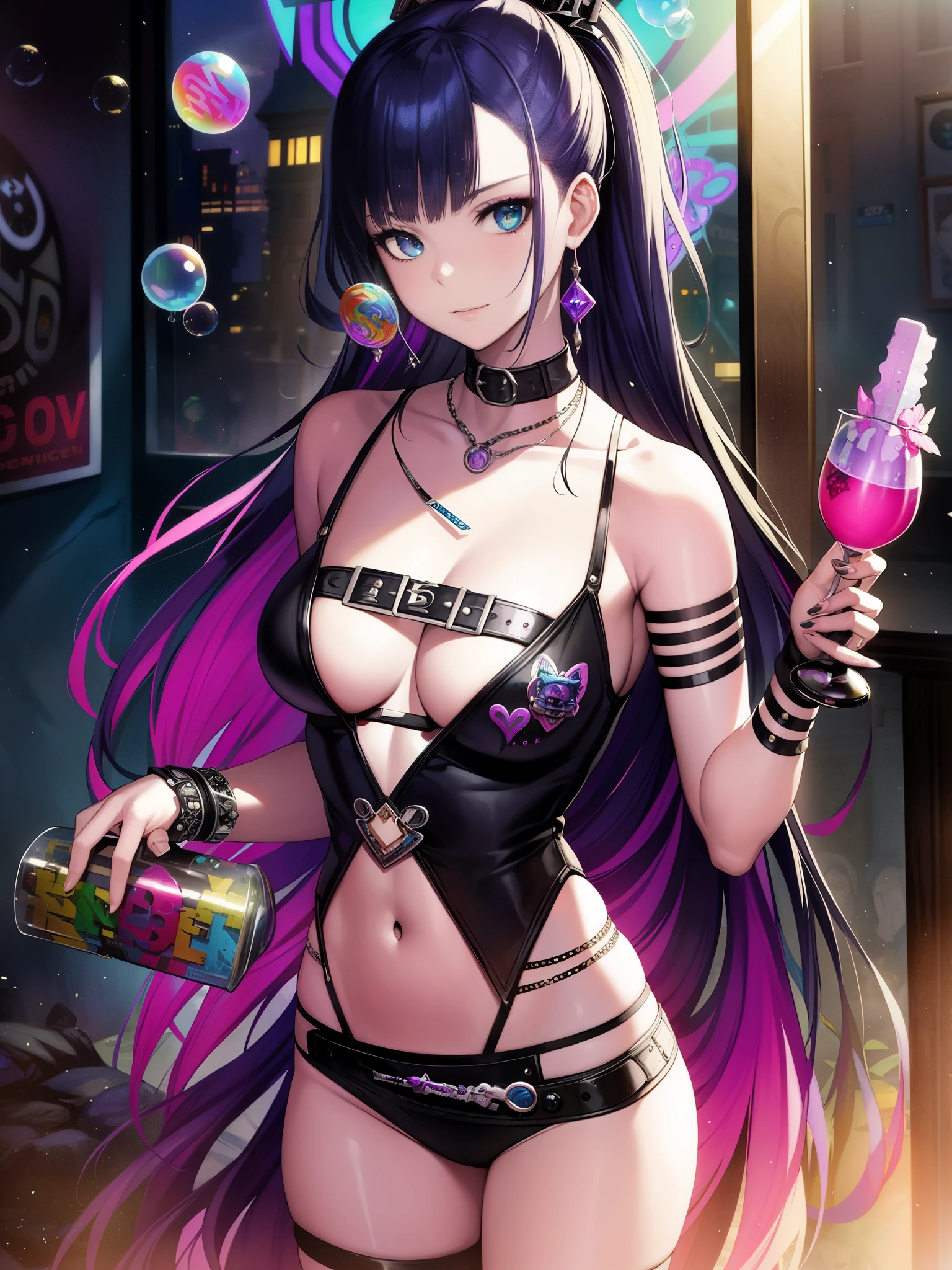 SNTHWVE Style Nvinkpunk Drunk Beautiful Woman as Sandman's Delirium、(Hallucinogenic colorful soap bubbles)、Written by Jeremy Mann、Written by Sandra Chevrier、Dave McKean、Richard Avedon、Written by Masiji Kusiala、PUNK ROCK、Tank Girl、high details、8k