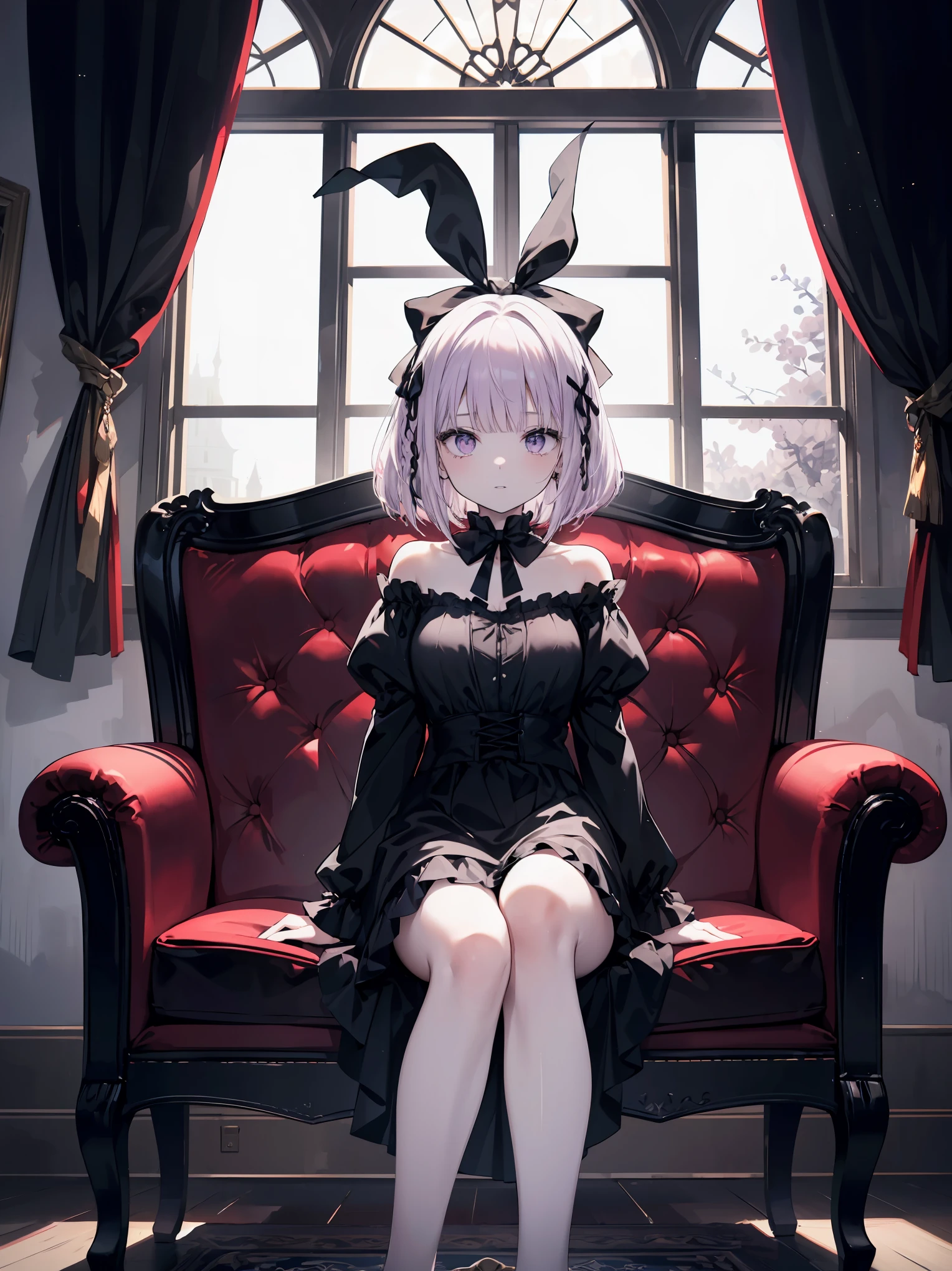 highest quality, table top, 1 girl, my, (thin:1.3), medium breasts, (lilac hair:1.3), Medium hair, wavy hair, (braid bob cut hair), (dull bangs:1.3), looking at the viewer, bow, (Medieval fantasy:1.3), Detailed sense of depth, (Hair bow:1.3), (Red Goss Raleigh:1.3), horizontal view, (Sit with your legs spread apart on a gothic sofa:1.3), (Black sofa:1.2), front angle, (black and white window:1.3), (black interior:1.2), (black lips:1.3), [[[[multiple arms]]]], [[[Pursuit of ultimate beauty]]]