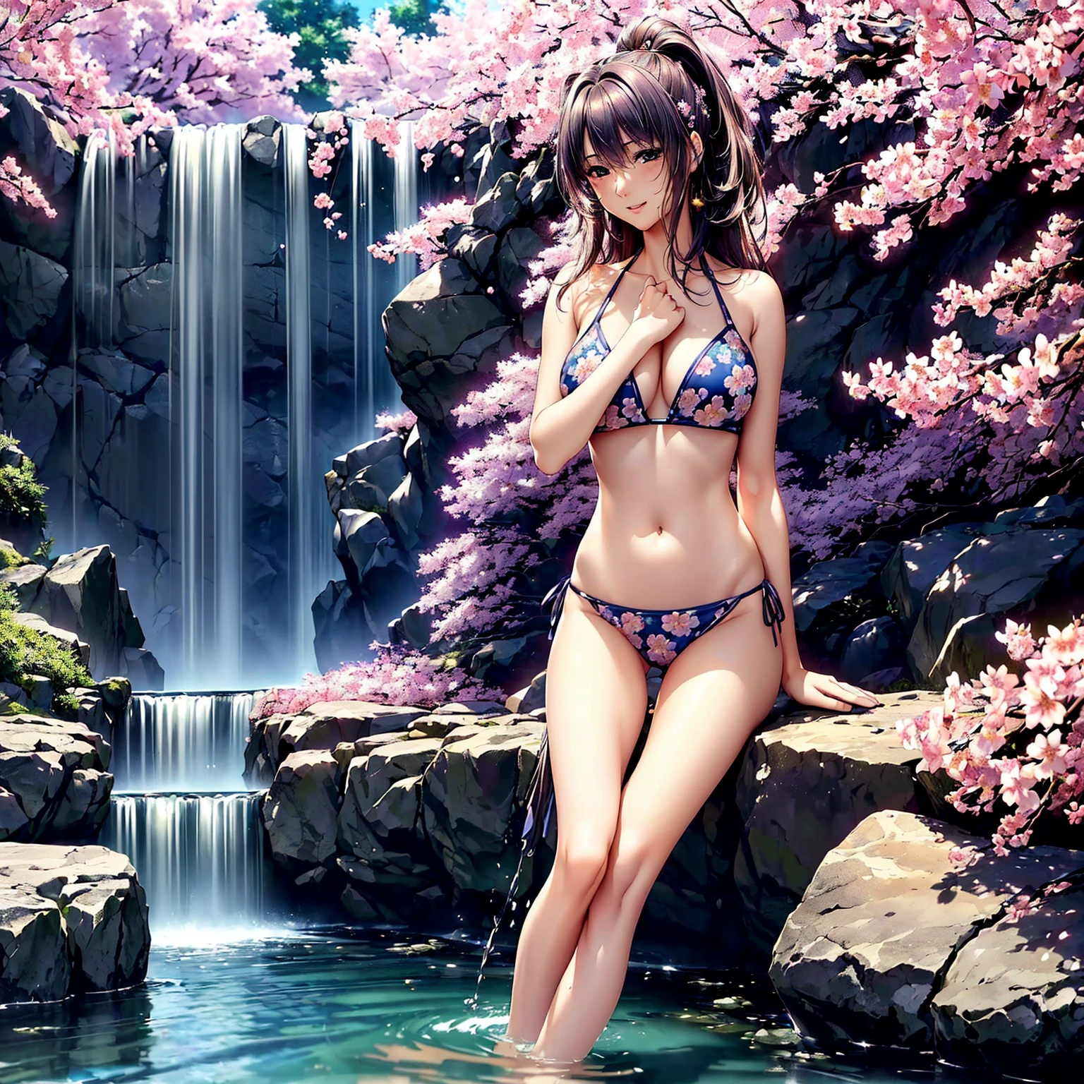 (((highest quality、masterpiece、very high resolution、highly detailed images、detailed details)))、(A woman of perfect and ultimate beauty:18-year-old, beautiful body、beautiful face、beautiful hair,bright smile)、(Slender and beautiful body, best skin and hair texture)、((beautiful bikini:Colorful with floral patterns,shoulders are exposed,I can see my thighs)),(Fantastic waterside,There is a waterfall,Night cherry blossoms and lanterns,mysterious night sky,natural light,beautiful scenery,beautiful scenery),(water play,beautiful pose,model shoot,Hair flutters under the influence of the wind),bijinga,realistic portrait,Overall image、accurate image、accurate anatomy、Image without defects,(best shot,RAW photo:1.2)