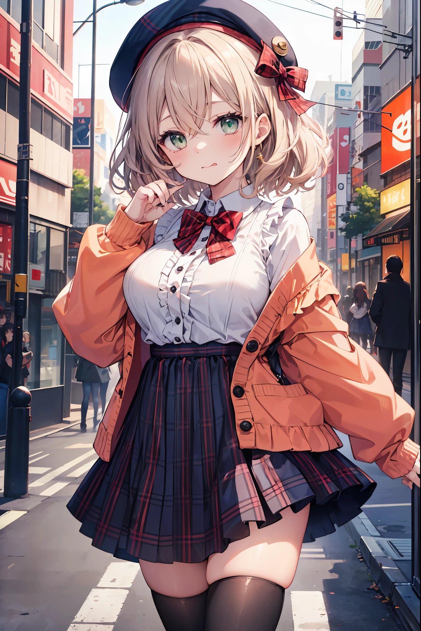 insanely detailed、disorganized、ultra high resolution、Super detailed、highest quality、 1 girl、solo、nice hands、Perfect hand breaking (Vintage style beret with flower pin:1.3)、(navy&red plaid dress:1.5)、(Gold buttons on the front:1.2)、(frills、Red bow tie、Ivory blouse:1.4)、(peach cardigan、cable knit patterns:1.3)、(Black tights:1.1)、(red mary jane shoes:1.2) destroy laugh、open your mouth、wavy mouth、 cute pose、cowboy shot、looking at the viewer breaking slender、cute、Perfectly symmetrical face、Super cute女の子、Super cute顔、Super detailedな目、Super detailedな髪、Super cute、super beautiful、 destroy harajuku、Shibuya、Tokyo、street、crowd、cityscape、 big breasts break (medium hair、Dark green eyes)、hair between eyes