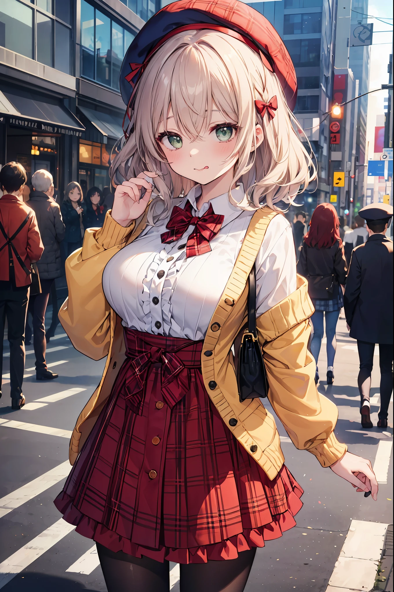 insanely detailed、disorganized、ultra high resolution、Super detailed、highest quality、 1 girl、solo、nice hands、Perfect hand breaking (Vintage style beret with flower pin:1.3)、(navy&red plaid dress:1.5)、(Gold buttons on the front:1.2)、(frills、Red bow tie、Ivory blouse:1.4)、(peach cardigan、cable knit patterns:1.3)、(Black tights:1.1)、(red mary jane shoes:1.2) destroy laugh、open your mouth、wavy mouth、 cute pose、cowboy shot、looking at the viewer breaking slender、cute、Perfectly symmetrical face、Super cute女の子、Super cute顔、Super detailedな目、Super detailedな髪、Super cute、super beautiful、 destroy harajuku、Shibuya、Tokyo、street、crowd、cityscape、 big breasts break (medium hair、Dark green eyes)、hair between eyes