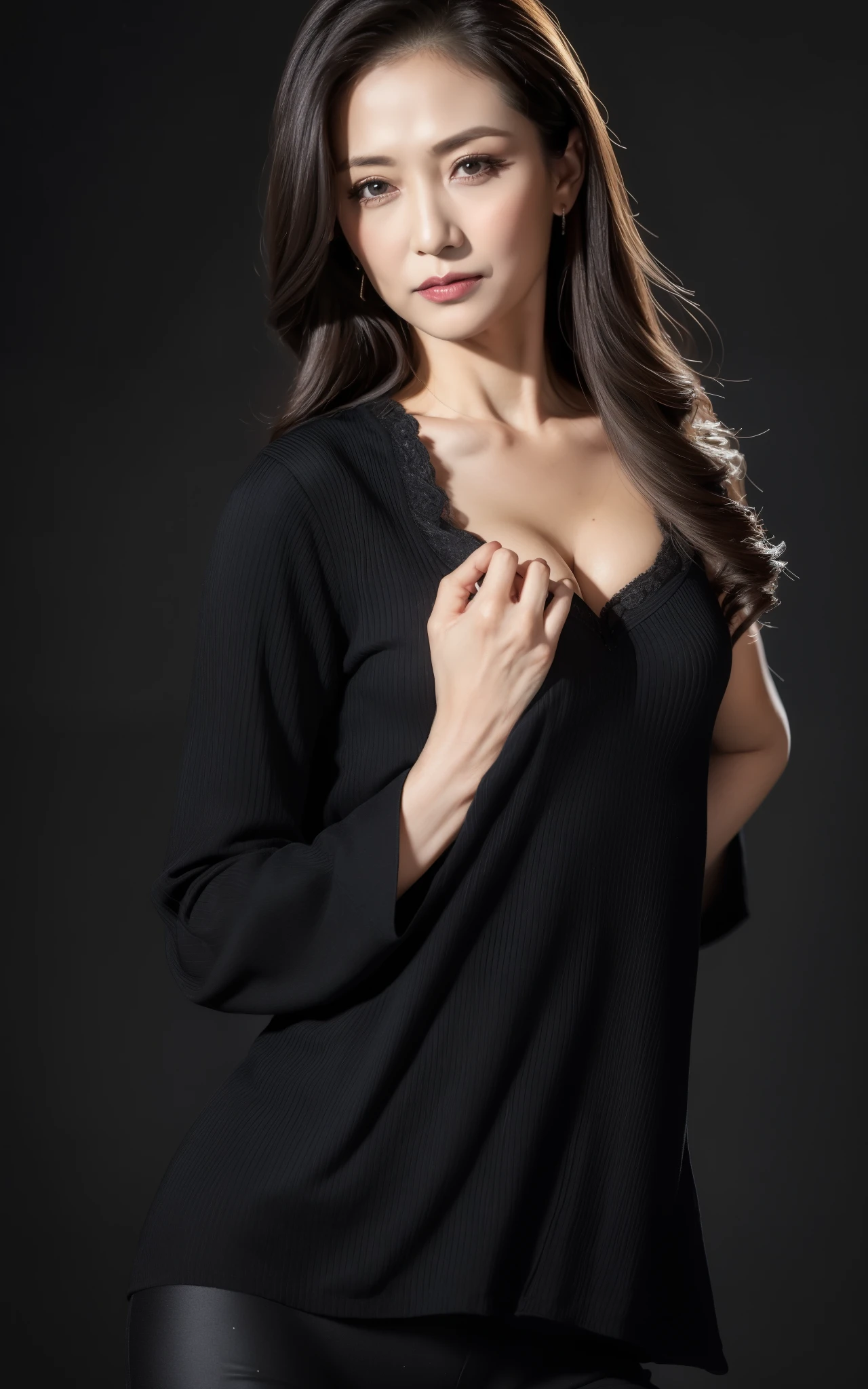 masterpiece,best quality, (one attractive milf), ((portrait:1.5)), long hair, makeup, elegant black shirt, touch own chest, ((seduction expression)), 