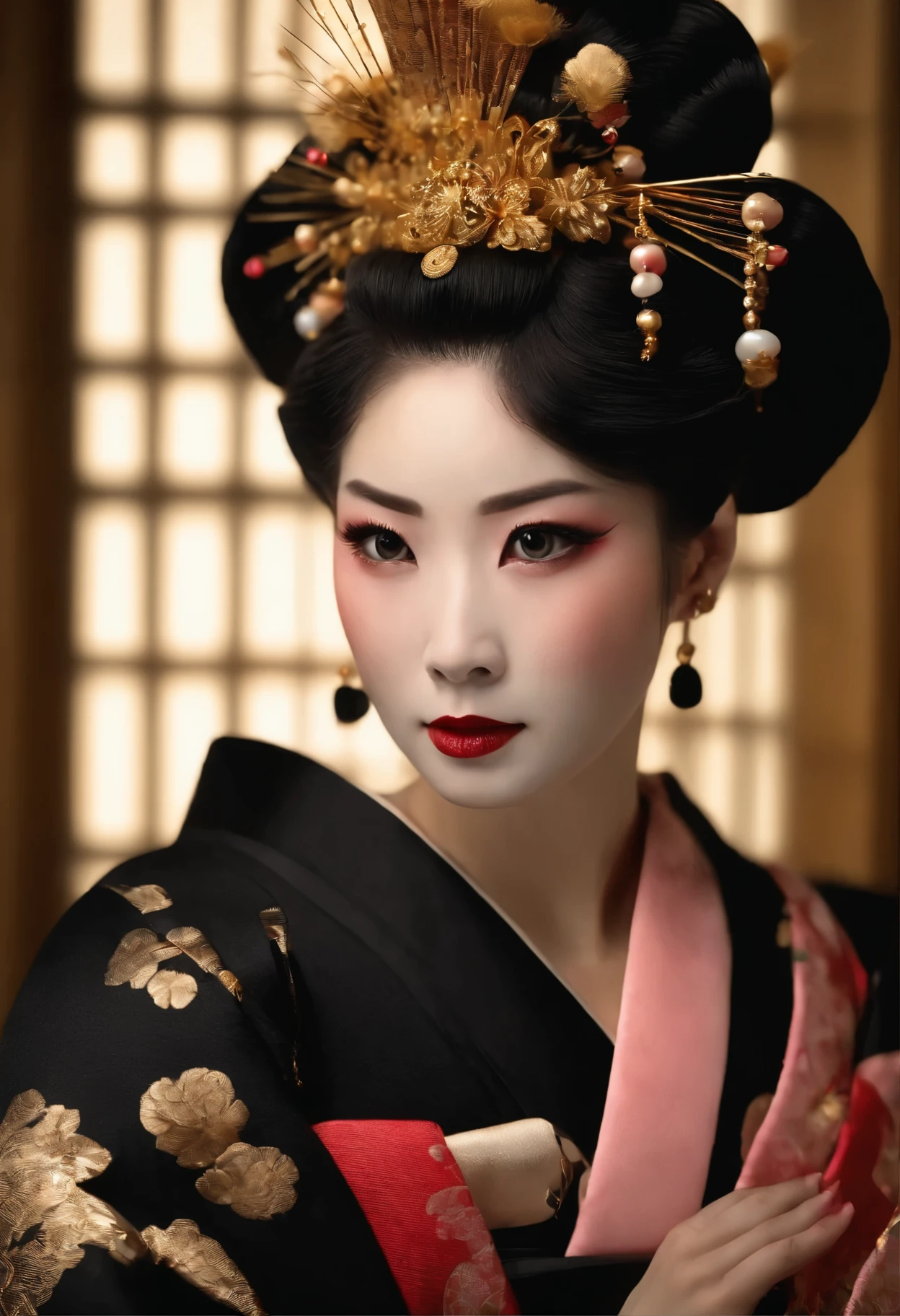detailed realistic image of 1 young divine and gorgeously decorated oiran, (full body shot:1.5), traditional japanese beauty, sexual (black kimono:1.5) with (((gold))) and pink complex intricate highly detailed traditional pattern, (((traditional intricate geisha hairstyle, hair sticks, kanzashi, kanoko, bira-bira, japanese traditional women's hair ornaments))), flirts with camera, seducing smile, ultra sexy, fancy makeup, heavy eye makeup, red lipstick, big breasts, cleavage, traditional japanese interior, (Best Quality, 16K, Masterpiece, UHD, Ultra quality cinematic lighting, Huge detail, Well lit, 35mm, sharp, hyper realistic, epic scale, insane level of details, beautiful detailed girl, very detailed eyes and face, beautiful detailed eyes, ultra detailed skin, realistic skin)