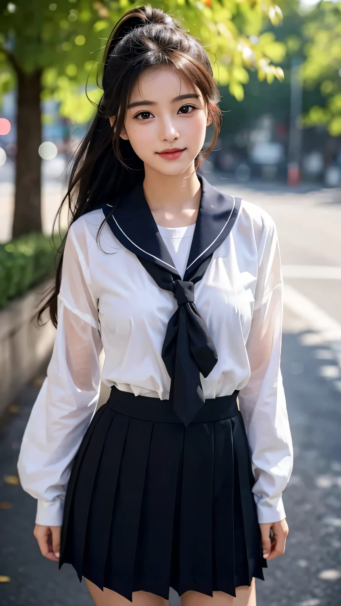 (Highest quality、Ultra-high resolution、８ｋ、masterpiece:1.3)、Beautiful woman with perfect figure:1.4、Black Hair、(ponytail)、((((School Uniform))))、Flashy uniforms、high school girl、(Checked Skirt)、Ultra mini skirt、（(((Angle from below)))、A beautiful woman、School Bag、Highly detailed face and skin、Detailed eyes、Shiny thighs、double eyelid、Thin legs、The best smile、(((１people)))、Beautiful views、（Ocean）、（Sandy Beach）、beautiful place、The best smile、Extraordinary beauty、Age: 16、Perfect Proportions、whole body、((blue sky))、Baby Face、Touch your hair with your hands、The wind is blowing、