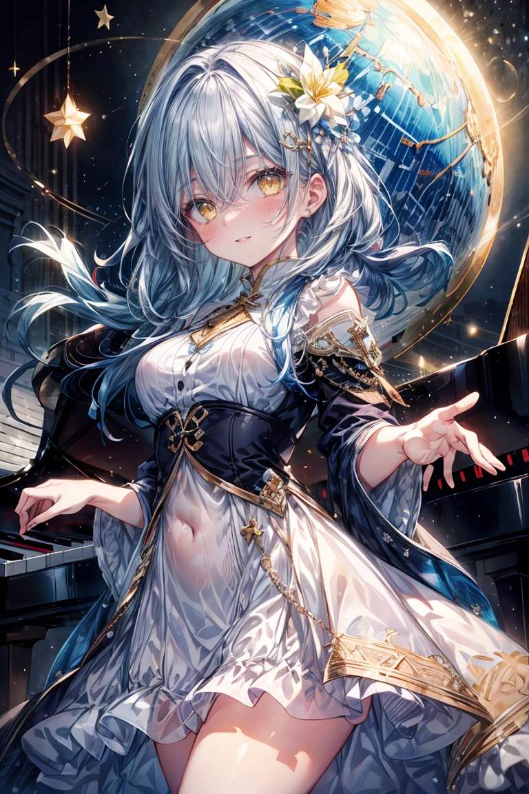 ((Highest quality)),(Ultra-high resolution),(Super detailed),(Detailed Description),((The best CG)),(masterpiece),Highly detailed art,(Art with precise detail:1.5), (Lady:1.5),smile:1.4,(A gorgeous dress with a gorgeous design:1.9),(Off the shoulder:1.3),Evening Gloves:1.5,(Jewel-encrusted tiara:1.2),Rosary Cross:1.3, Stained glass:1.4,Candles:1.4,Sparkling chandeliers, Particles of light pouring down:1.1