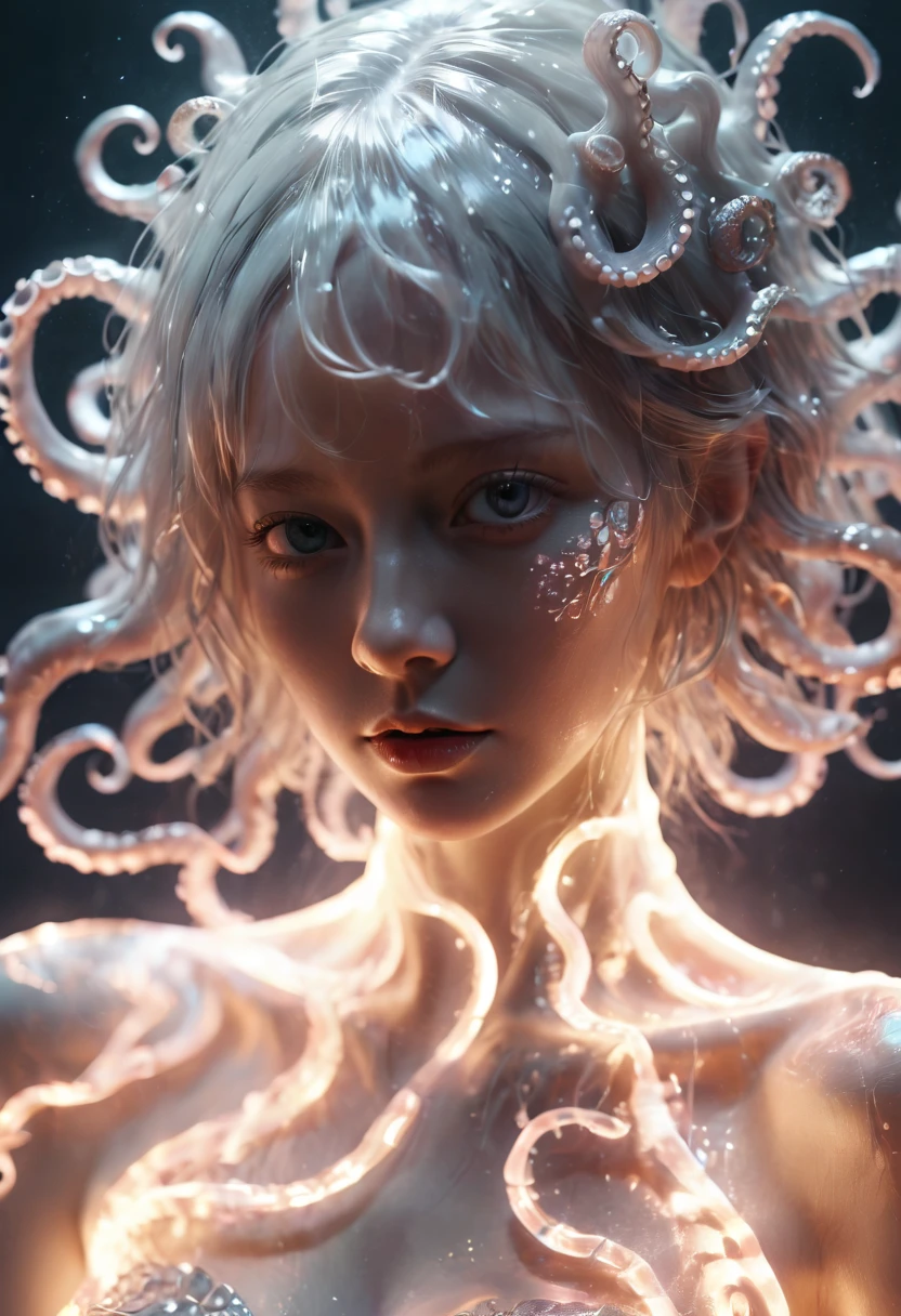 photo RAW, (white, silver : Portrait of a ghostly girl with an octopus heaf, shiny aura, highly detailed, octopus features, intricate motifs, organic tracery, by Android jones, Januz Miralles, glowing stardust by W. Zelmer, perfect composition, smooth, sharp focus, sparkling particles, lively coral reef background Realistic, realism, hd, 35mm photograph, 8k), masterpiece, award winning photography, natural light, perfect composition, high detail, hyper realistic cinematic photo art RAW candid close up photo of an ethereal neural network organism with a glittering pearl octopus helmet, holographic color, waterdrops, divine (octopus:2 girl:0.3, white hair:0.5 biomorph), glass skeleton, skinless:3, biomechanical details, (empty background), natural lighting, style of h. r. giger, (sharp focus, hyper detailed, highly intricate), . Extremely high-resolution details, photographic, realism pushed to extreme, fine texture, incredibly lifelike,35mm photograph, film, professional