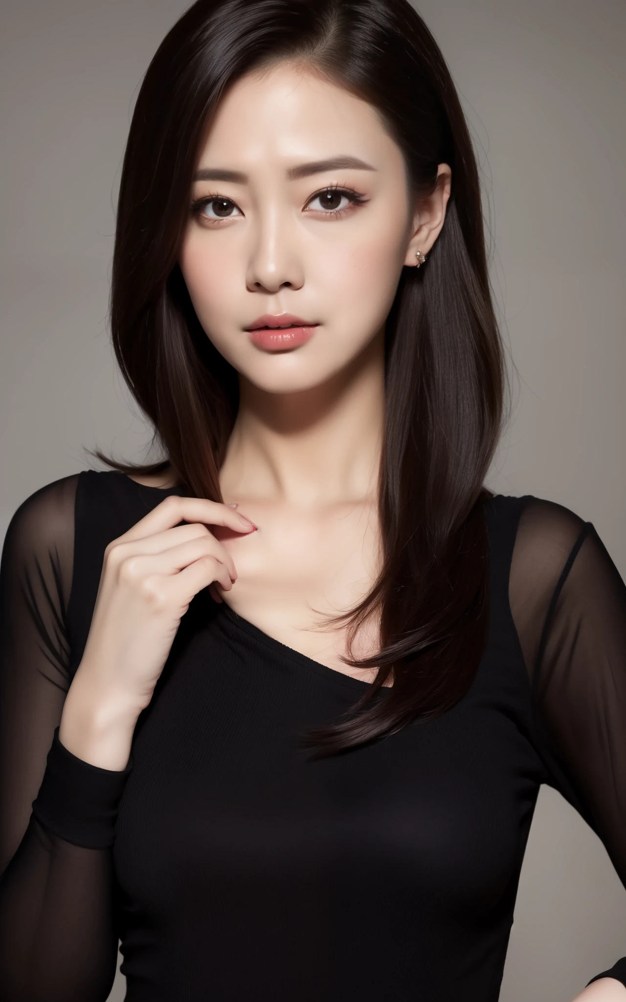 masterpiece,best quality, (one attractive milf), ((portrait:1.5)), long hair, makeup, elegant black shirt, touch own chest, ((seduction expression)),
