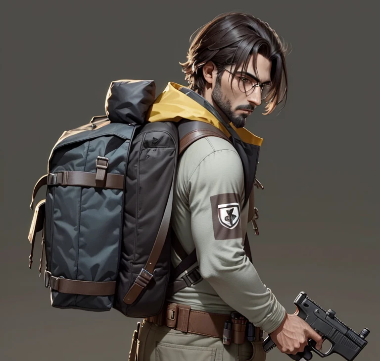 a close up of a person with a mochila and a gun, Experto en arte conceptual de alto detalle, with a mochila, a man wearing a mochila, renderizado de videojuegos, Arte conceptual como Ernest Khalimov, Artista CG, mochila, estilo craig mullins, marmoset toolbag render, Concepto de personaje de videojuego, Llevar equipo de supervivencia, render promocional, arte conceptual-h 640