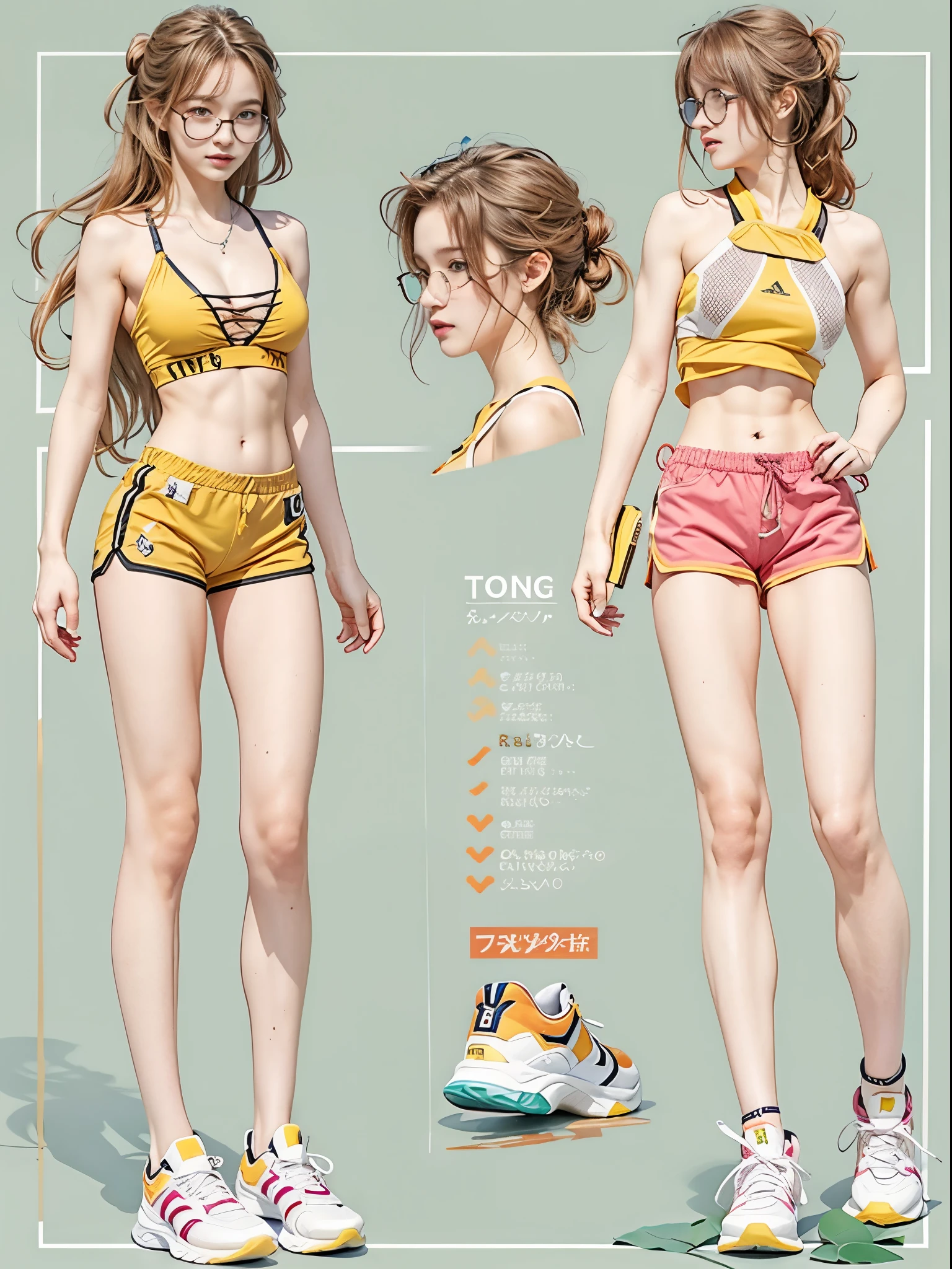 masterpiece, best quality, realistic, colorful, delicate, sharp focus, (PureErosFace_V1:0.5), (detailed beautiful delicate face, high detailed skin, skiny and thin:1.3), 1girl, 19 years old, tall, (smooth_abs:1.55), (abs:0.5), pretty, masterpiece, (long_skinny_legs), (straight_legs), (skinny_waist), (((fair skin))), white skin, bandeau, (school_uniform:swim_suits:0.5), yellow/pink shorts, chestnut brown hair, looking at viewer, yellow/orange sports shoes, glasses, (Emma_watson), big_breast, (((Caucasian)))