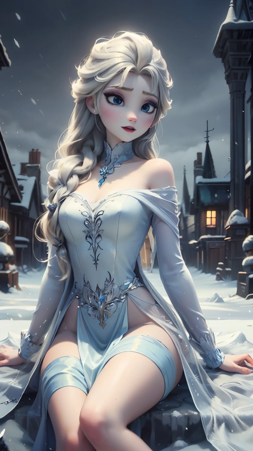 8k，high quality，scenery，mid shot，Beautiful goddess of ice and snow, Snow white and smooth skin，large breasts，long legs，medium hipbone，Ice mage, ice element, Intricate design and details, weird mist, cold, Blizzard storm, Summon Ice Spell, cast ice spell, Realistic ice effects, Snow grains, dark fantasy art style, city ruins, dramatic lighting, Normal