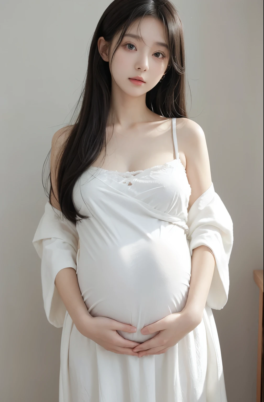  Anime girl in white clothes, pregnant, Realistic shadows, delicate skin, breasts are small, black hair, Very detailed, 8K high-detail face, perfect face shape, perfect lips, Perfect nose, Correct beautiful eyes, watch audience, masterpiece, best quality, single girl, Not wearing, No, alone