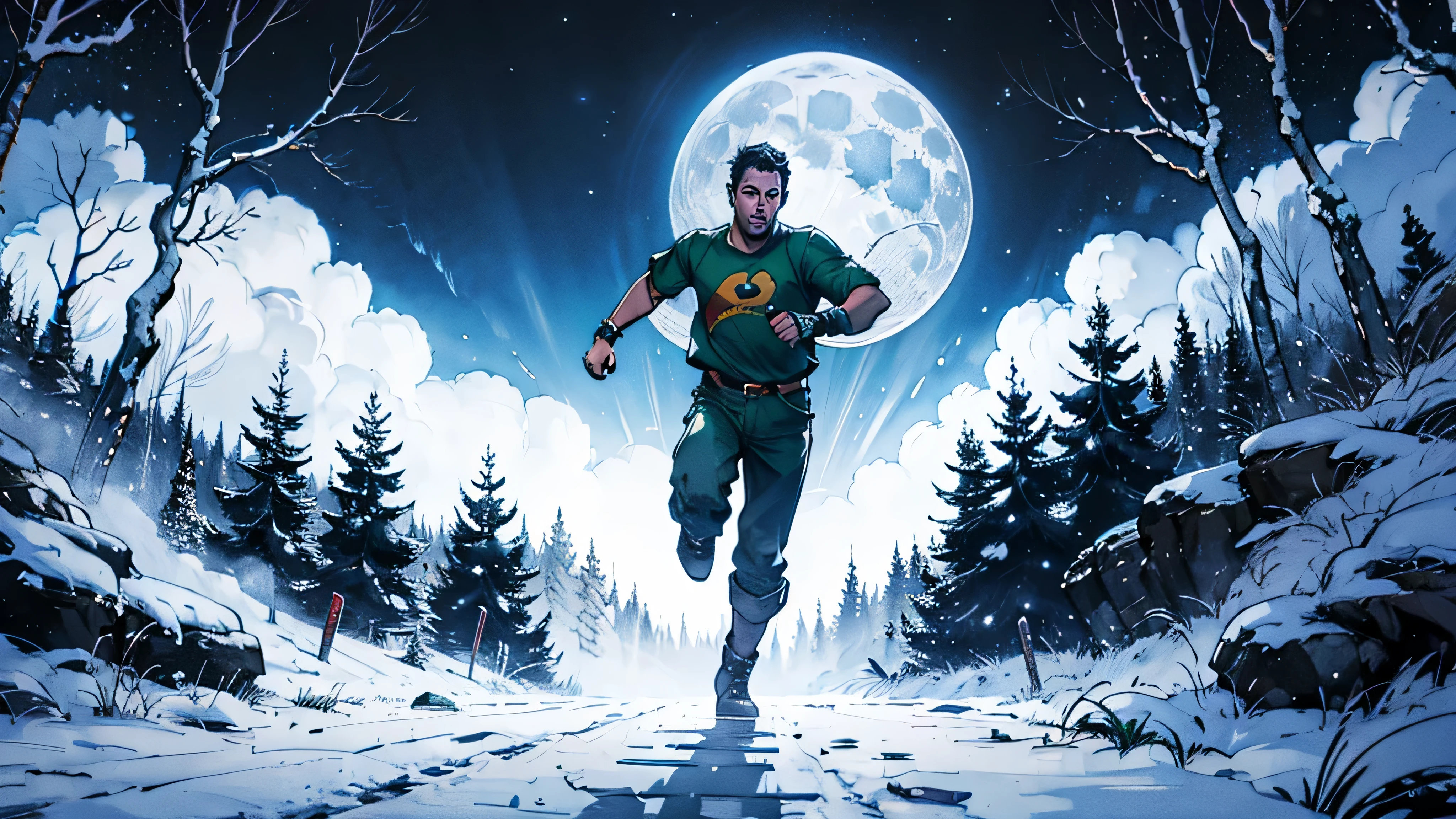 Gere uma imagem que represente um homem vestindo botas, green pants and shirt, he is running away through the forest in a dark environment with the moonlight in the sky.