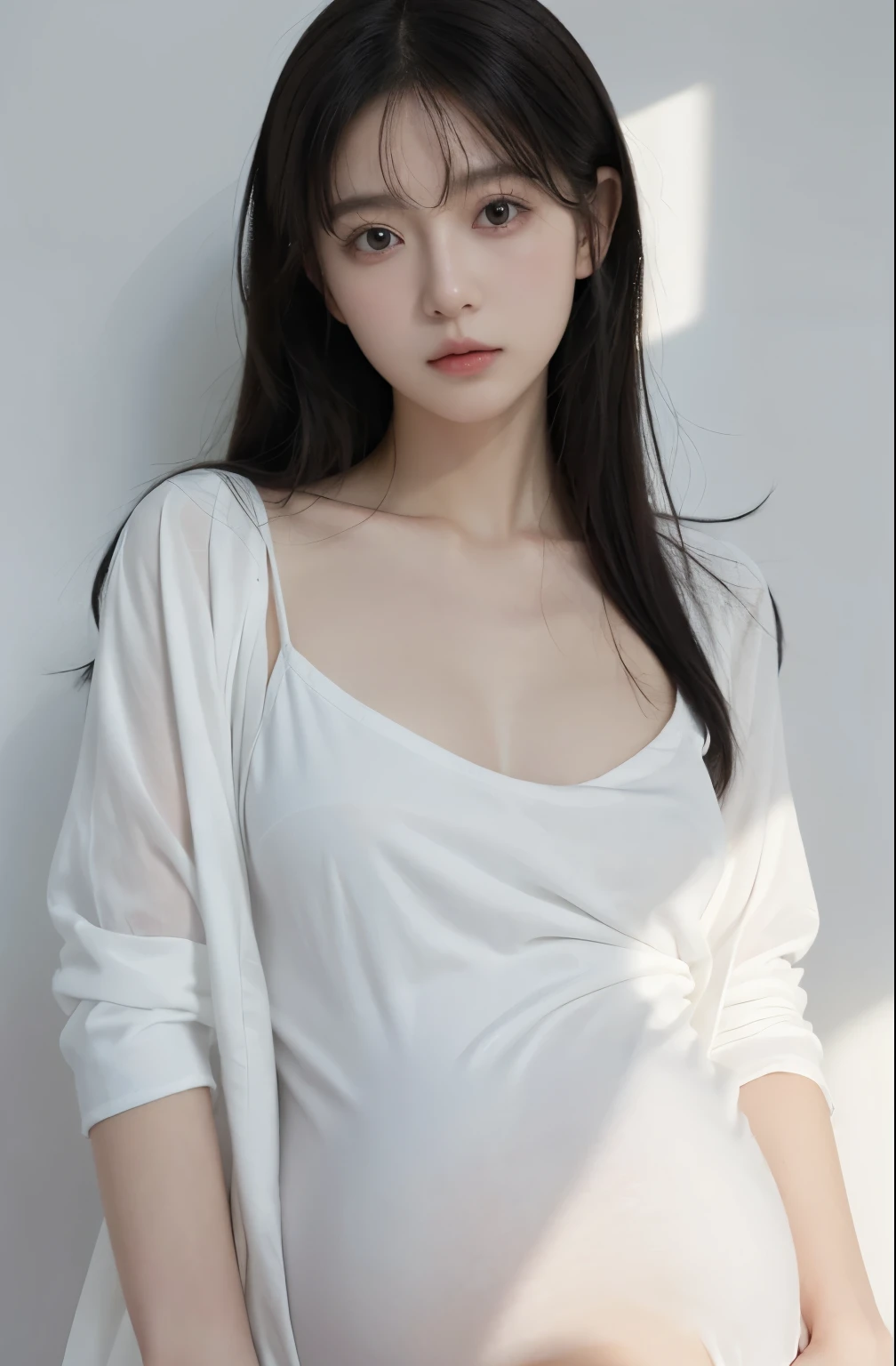  Anime girl in white clothes, pregnant, Realistic shadows, delicate skin, breasts are small, black hair, Very detailed, 8K high-detail face, perfect face shape, perfect lips, Perfect nose, Correct beautiful eyes, watch audience, masterpiece, best quality, single girl, Not wearing, No, alone