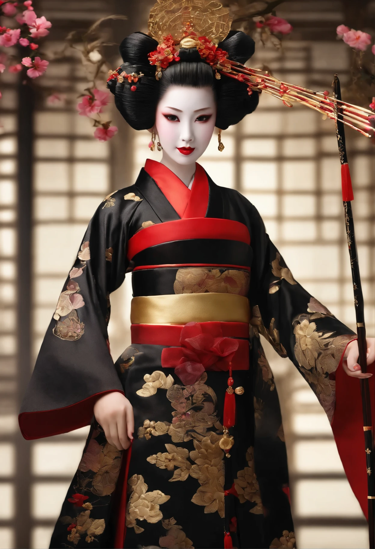 detailed realistic image of 1 young divine and gorgeously decorated oiran, (full body shot:1.5), traditional japanese beauty, sexual (black kimono:1.5) with (((gold))) and pink complex intricate highly detailed traditional pattern, (((traditional intricate geisha hairstyle, hair sticks, kanzashi, kanoko, bira-bira, japanese traditional women's hair ornaments))), flirts with camera, seducing smile, ultra sexy, fancy makeup, heavy eye makeup, red lipstick, big breasts, cleavage, traditional japanese interior, (Best Quality, 16K, Masterpiece, UHD, Ultra quality cinematic lighting, Huge detail, Well lit, 35mm, sharp, hyper realistic, epic scale, insane level of details, beautiful detailed girl, very detailed eyes and face, beautiful detailed eyes, ultra detailed skin, realistic skin)