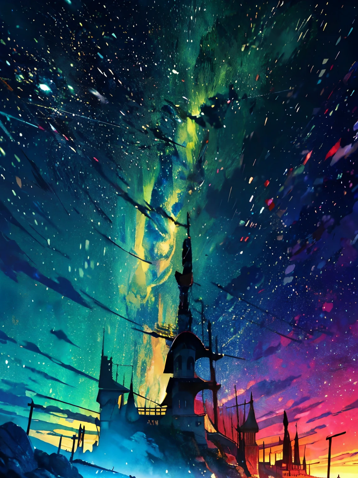  Extreme detail,(Landscape painting):1.5,background, Milky Way, performer, green, black, violet,